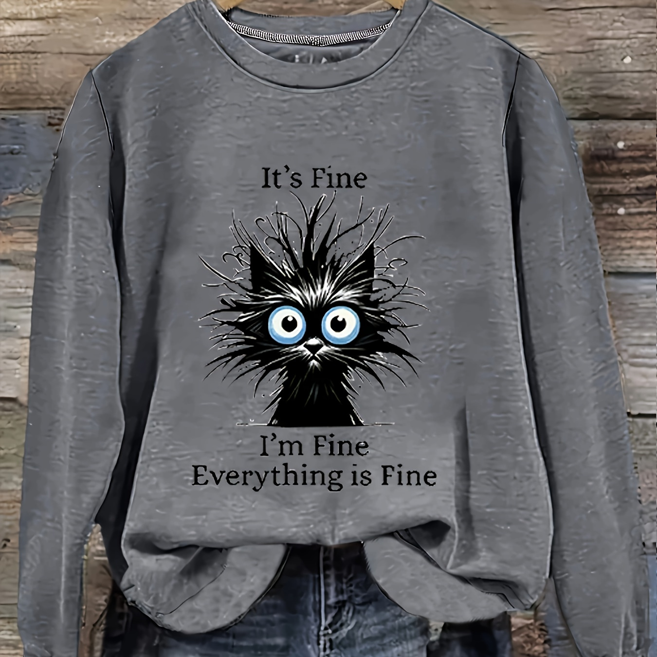 

Women's Casual Gray Pullover Sweatshirt With Humorous Cat And Text Print - Cozy, Loose Fit, Round Neck, Long Sleeve For Fall/winter