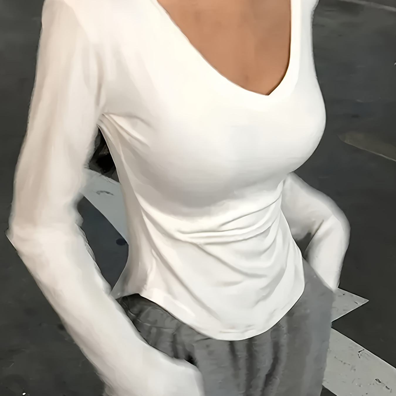 

Y2k-inspired Large V-neck Long Sleeve T-shirt For Women - Chic White, Stretchy Knit Fabric, Machine Washable, With Ruched Detail - All