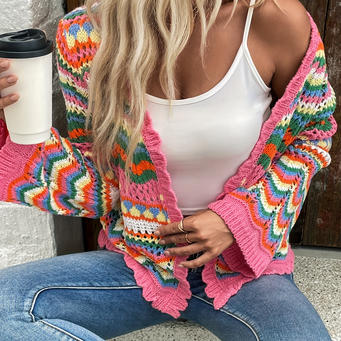 

Scallop Stripe Pattern Cardigan, Music Festival Long Flare Sleeve Open Front Cardigan For Spring & Fall, Women's Clothing
