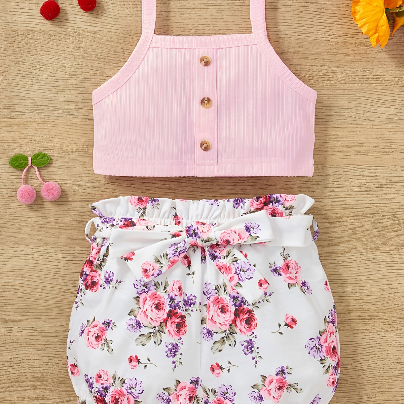Baby Girl's Stylish & Cute Shorts Set - Crop Halter Top & Floral Striped  Print Belted Shorts