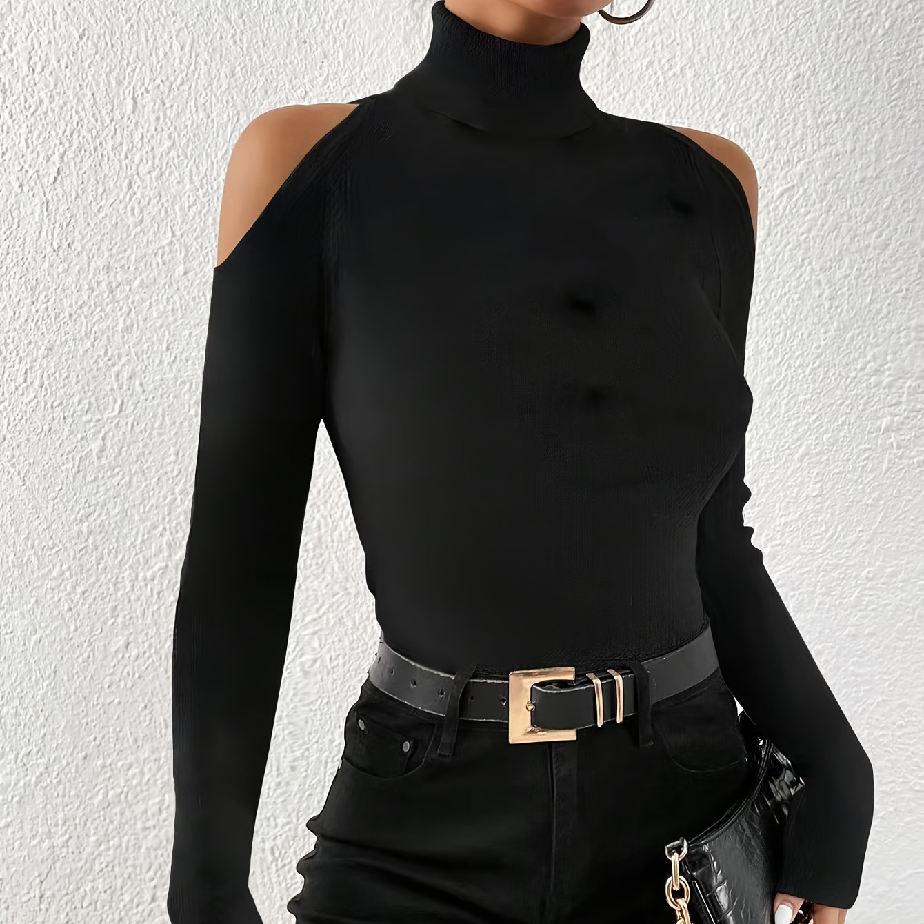 

Elegant Strapless High Neck T-shirt For Women - Solid Color Hollow-out Long Sleeve Slim , Polyester Knit Fabric, Lightweight 180g/m², Spring/summer/fall Casual Wear