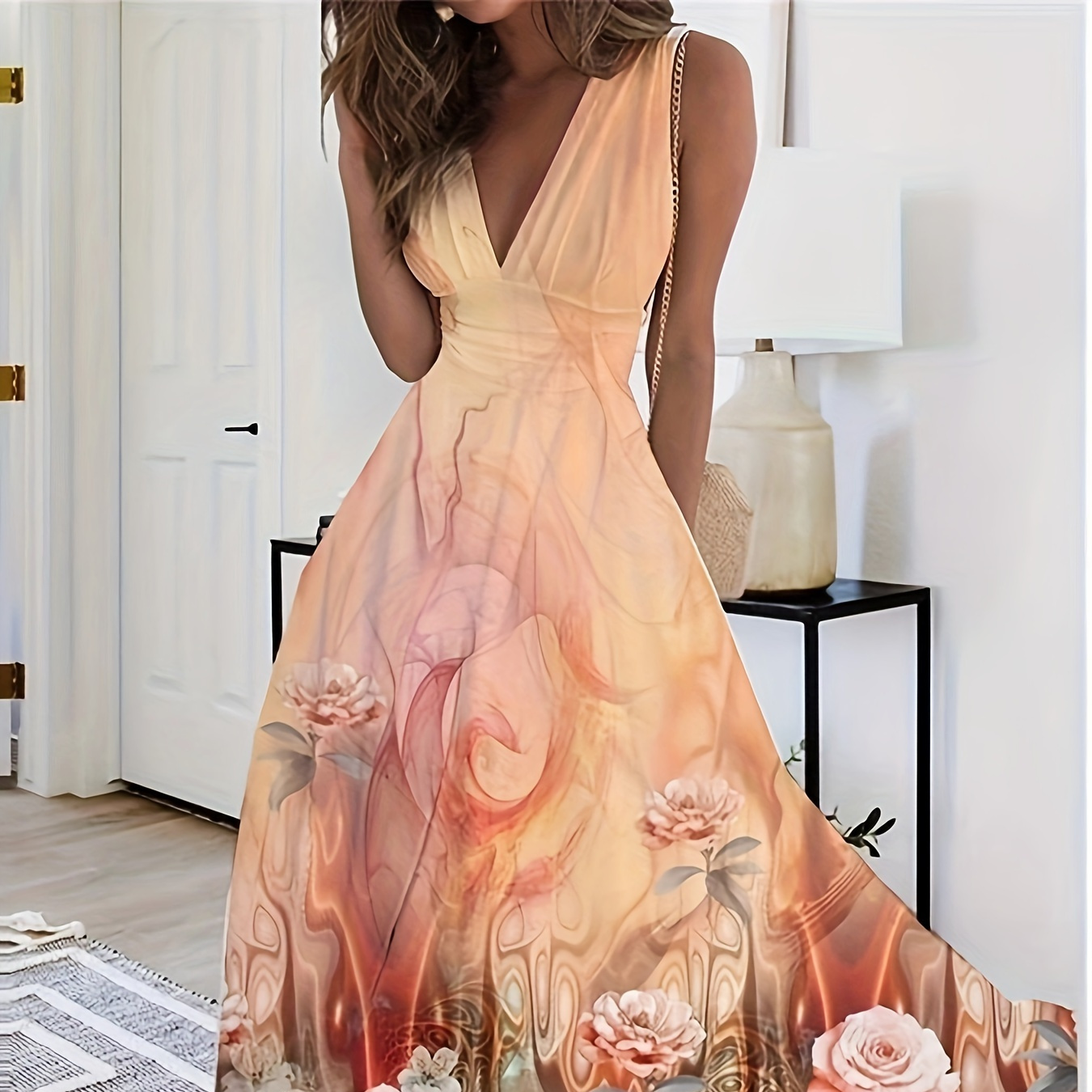 

Floral Print Zip Back Dress, Elegant V Neck Sleeveless Maxi Dress, Women's Clothing