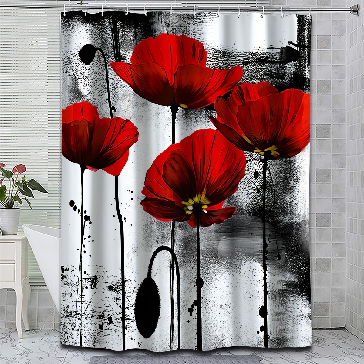 

1pc Red Poppy Shower Curtain, Red Flower Ink Painting Shower Curtain With 12 Hooks, Waterproof And Mildew-proof Fabric Bath Curtain, Bathroom Decor