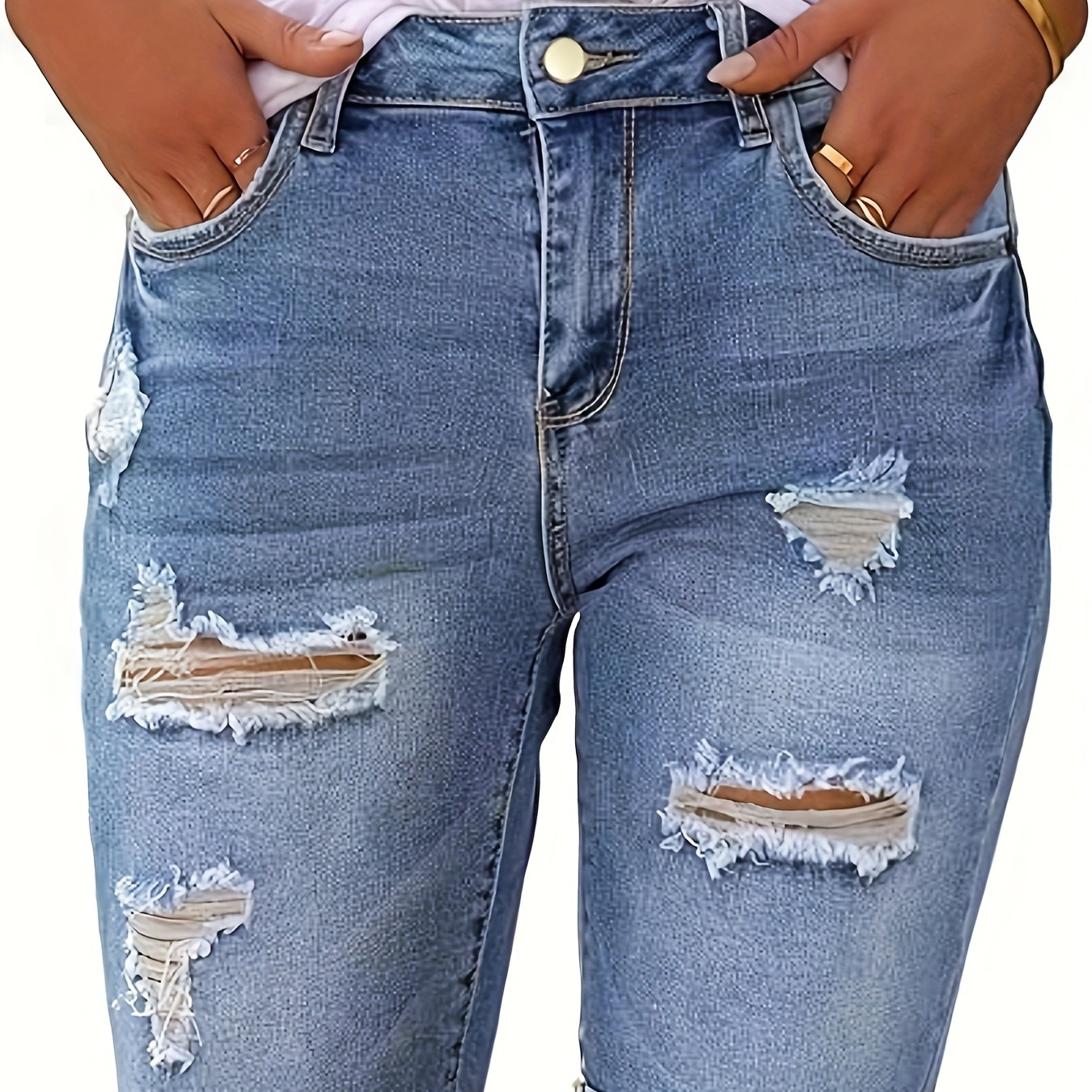 

Ripped Distressed Roll Up Hem Slash Pocket Bermuda Casual Plain Washed Blue Women's Denim Shorts