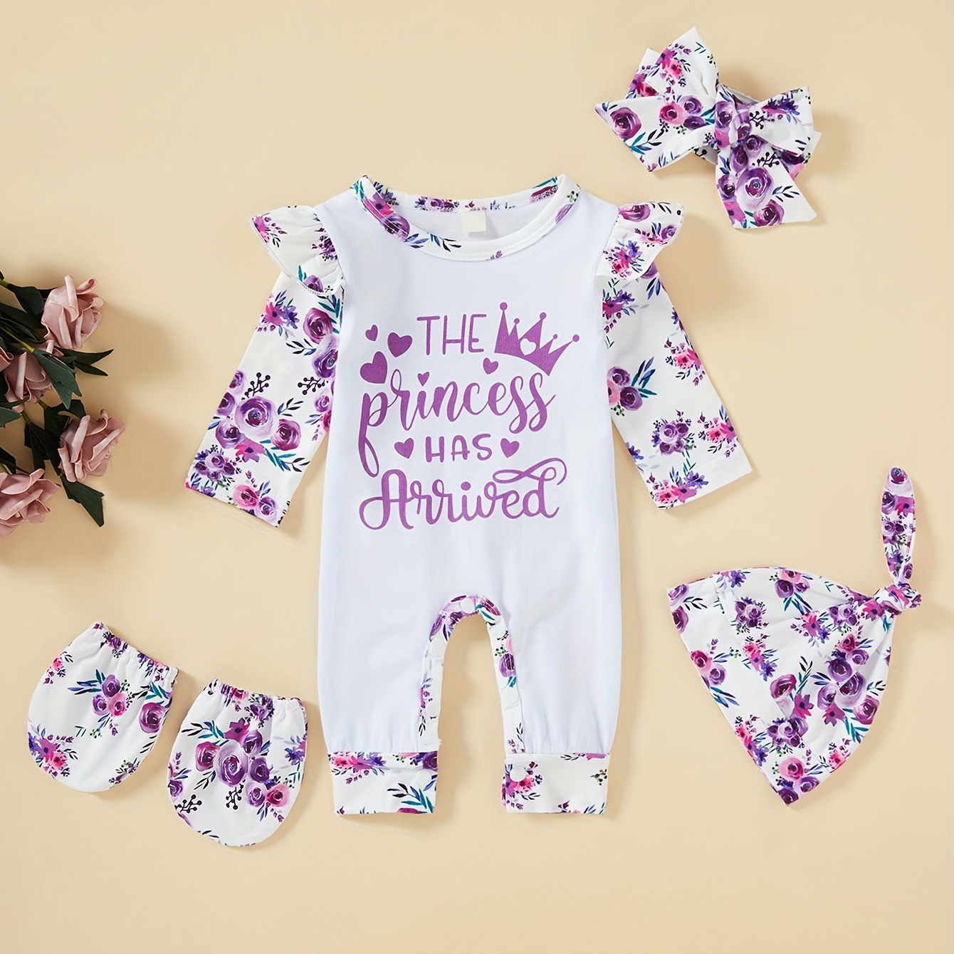 

Newborn Baby Girl Romper Infant Letter Print Bodysuit Floral Jumpsuit+hat+headband+gloves Coming Home Clothes Outfits