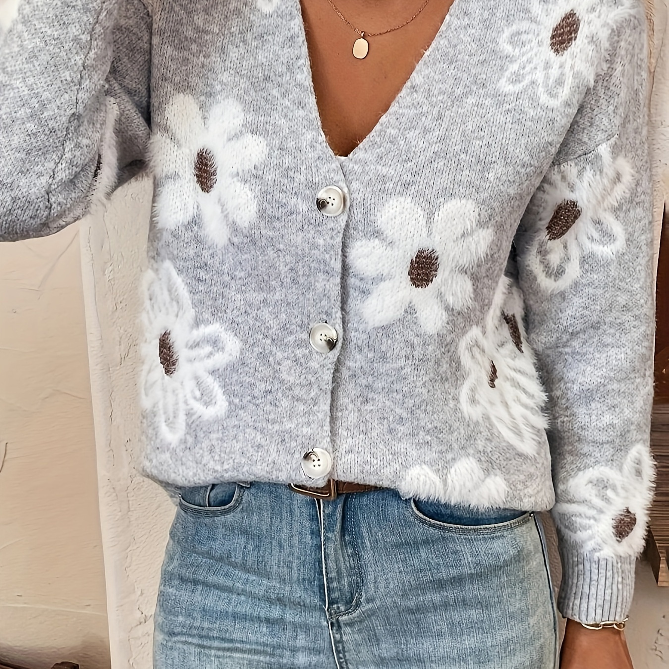 

Cardigan à motif floral à épaules tombantes, cardigan décontracté à manches longues pour l'automne et l'hiver, vêtements pour femmes