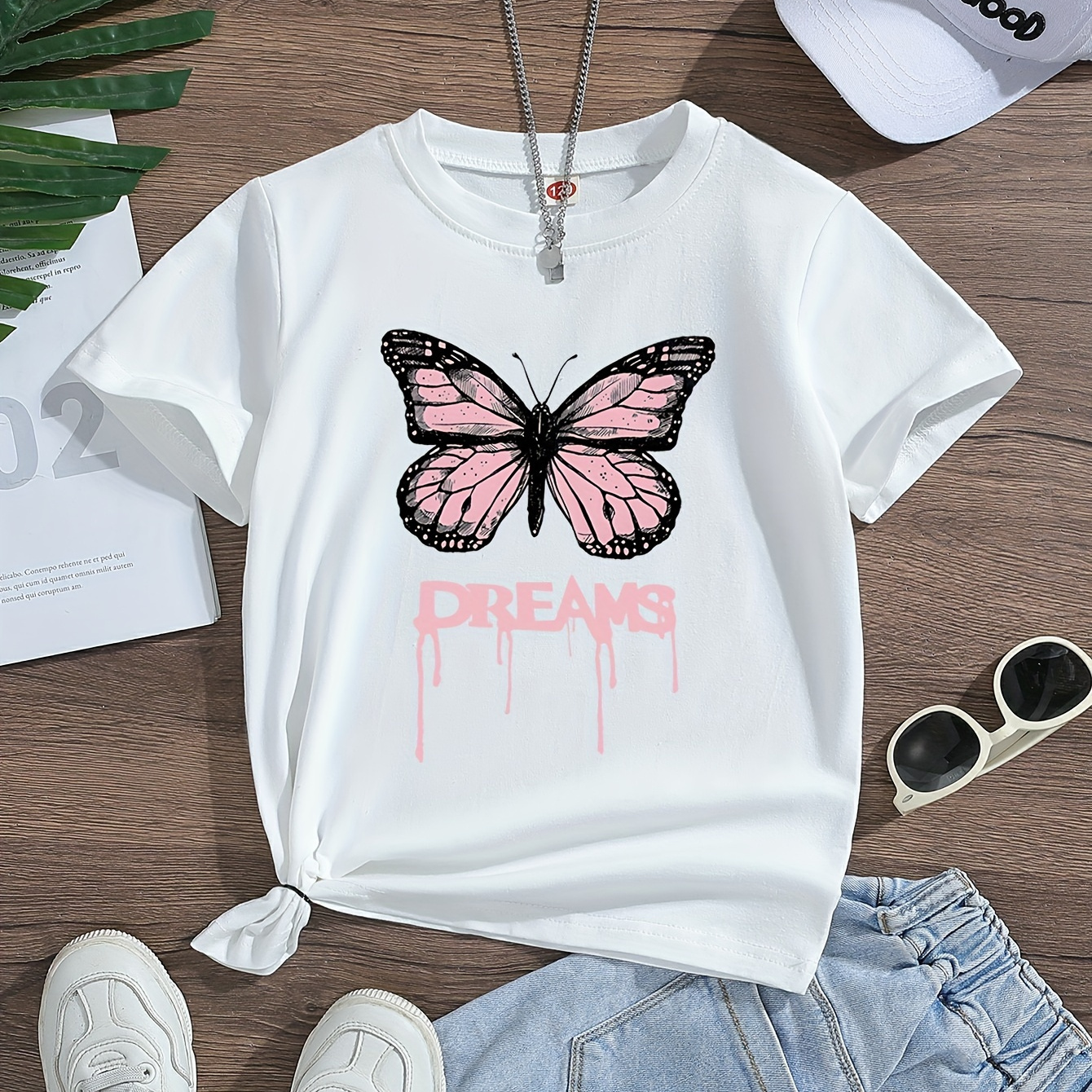 

Dreams & Butterfly Graphic Print, Girls' Casual & Comfy Crew Neck Short Sleeve Cotton T-shirt For Spring & Summer, Girls' Clothes For Outdoor Activities