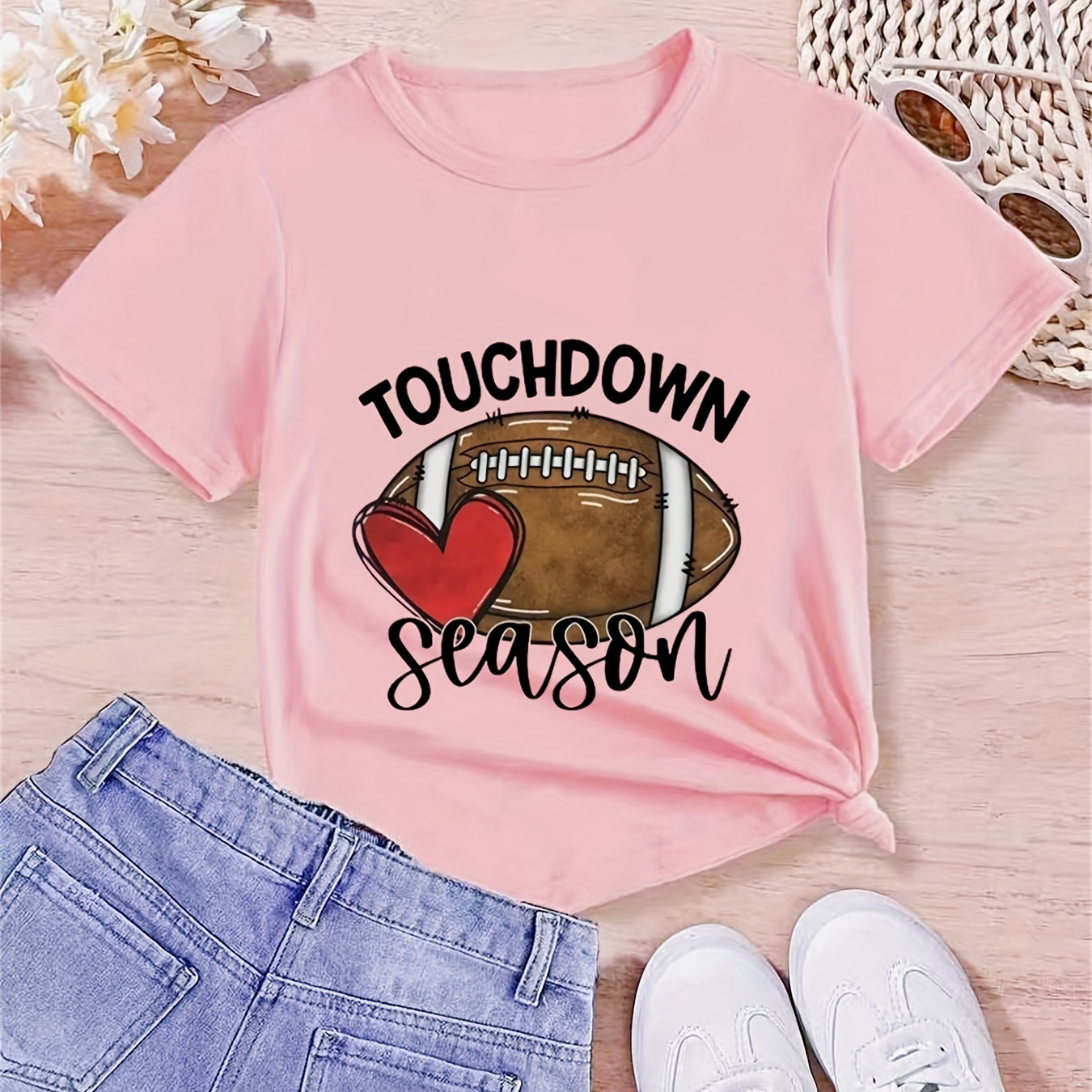 

touchdown Season" Letter & Graphic Print, Girls' Crew Neck Short Sleeve T-shirt, Girls' Summer Top