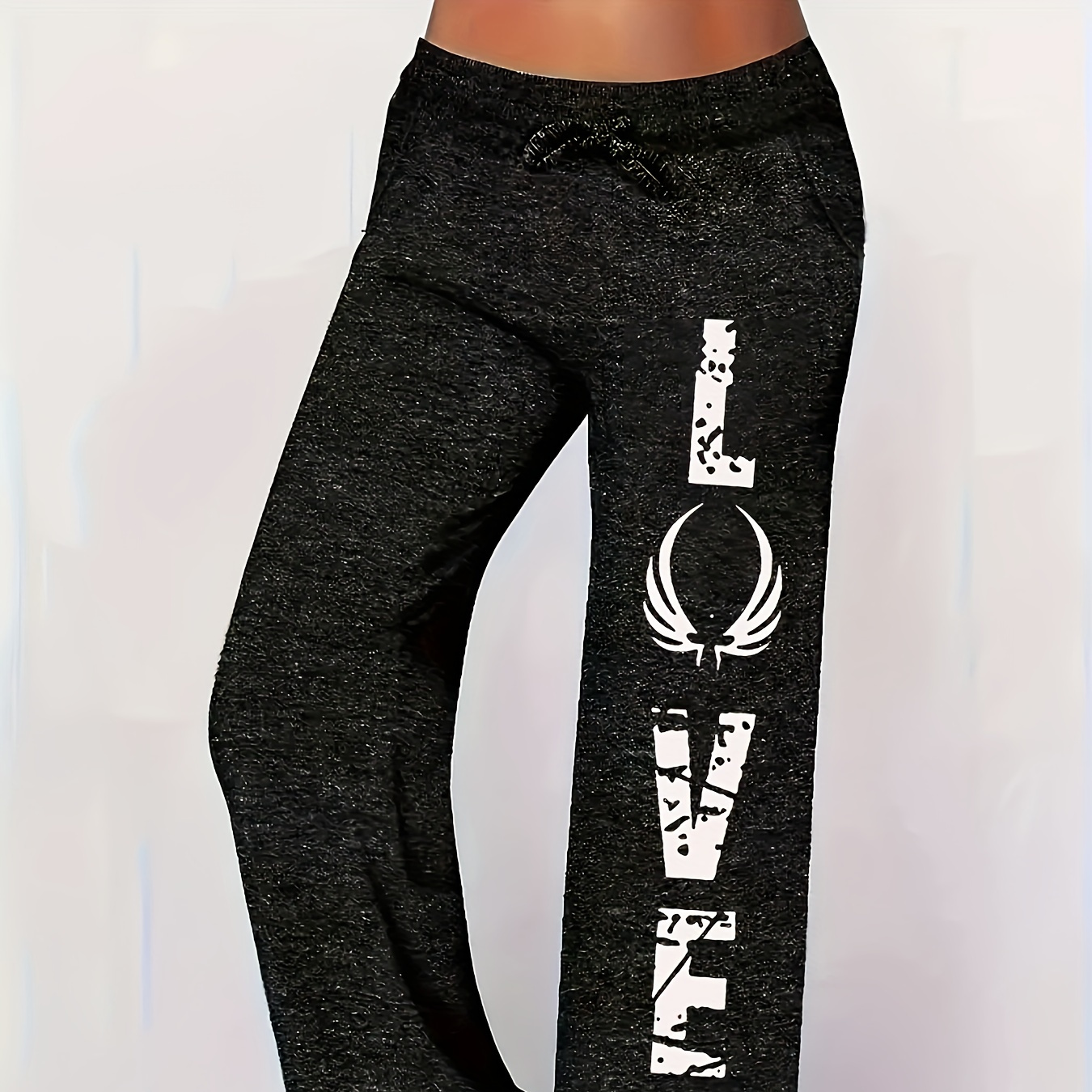 

Women's Plus Size Letter Print Sweatpants With Drawstring, Knit Fabric, Wide Leg, , Polyester And Spandex Blend, Elasticity, Casual Athletic Pants