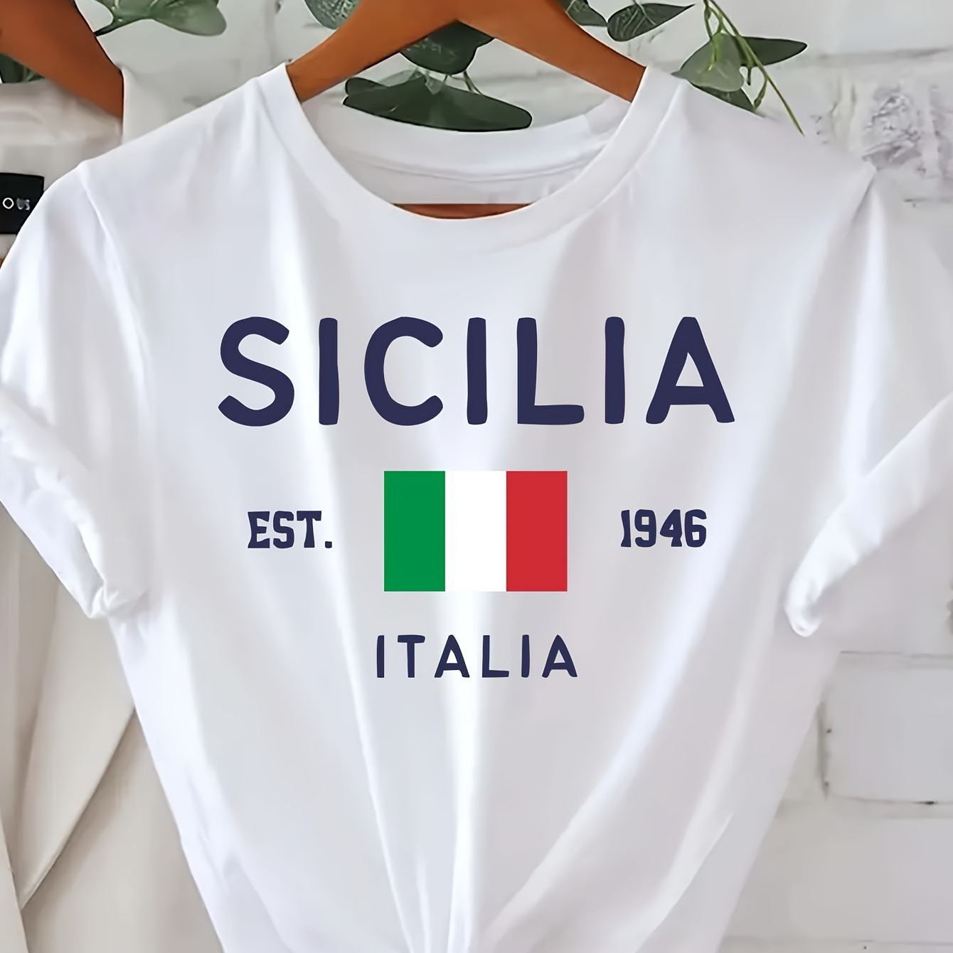 

Italia Letter Print Crew Neck T-shirt, Casual Short Sleeve Top For Spring & Summer, Women's Clothing