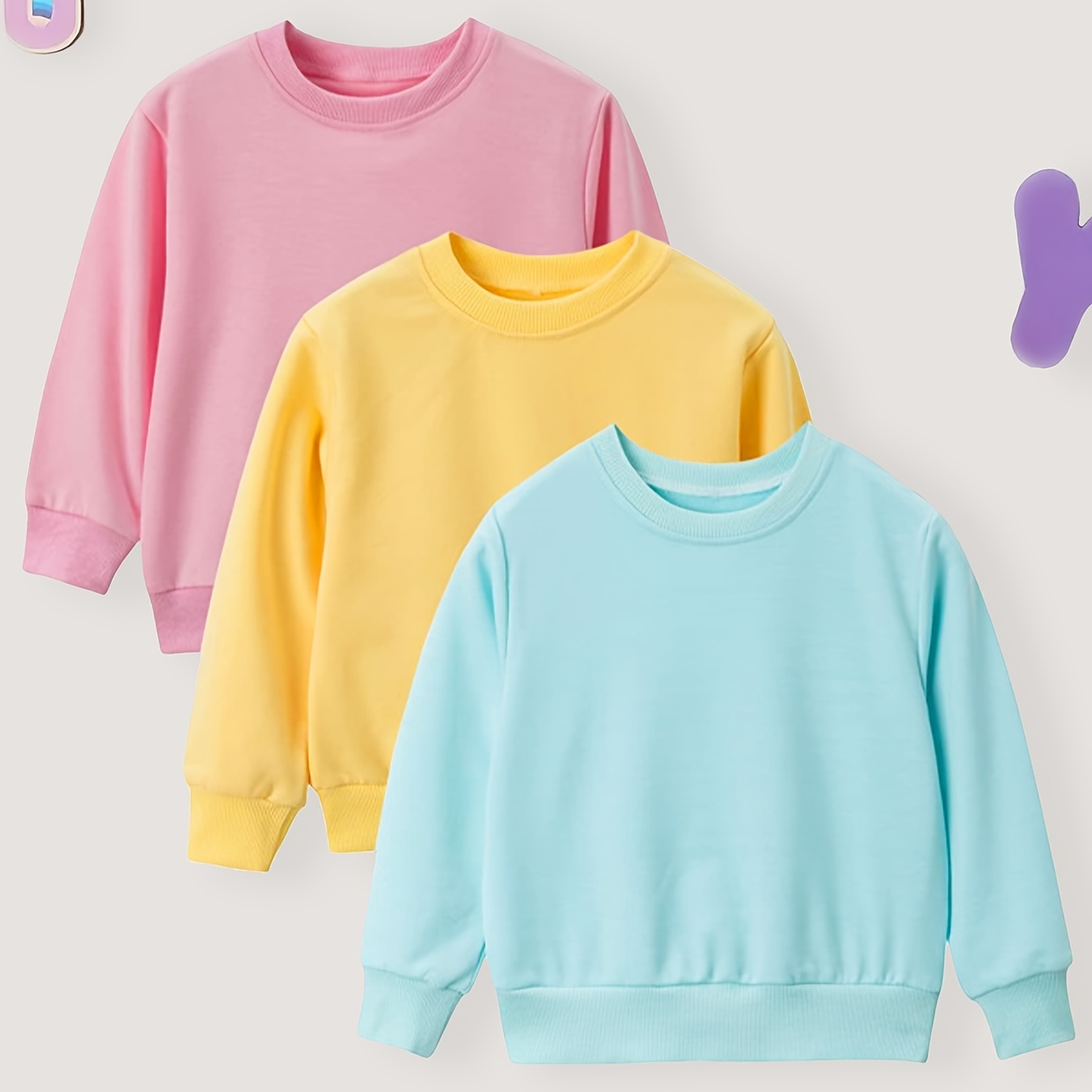 

3pcs Casual Tops For Kids Girls, Solid Color Round Neck Basic Sweatshirts