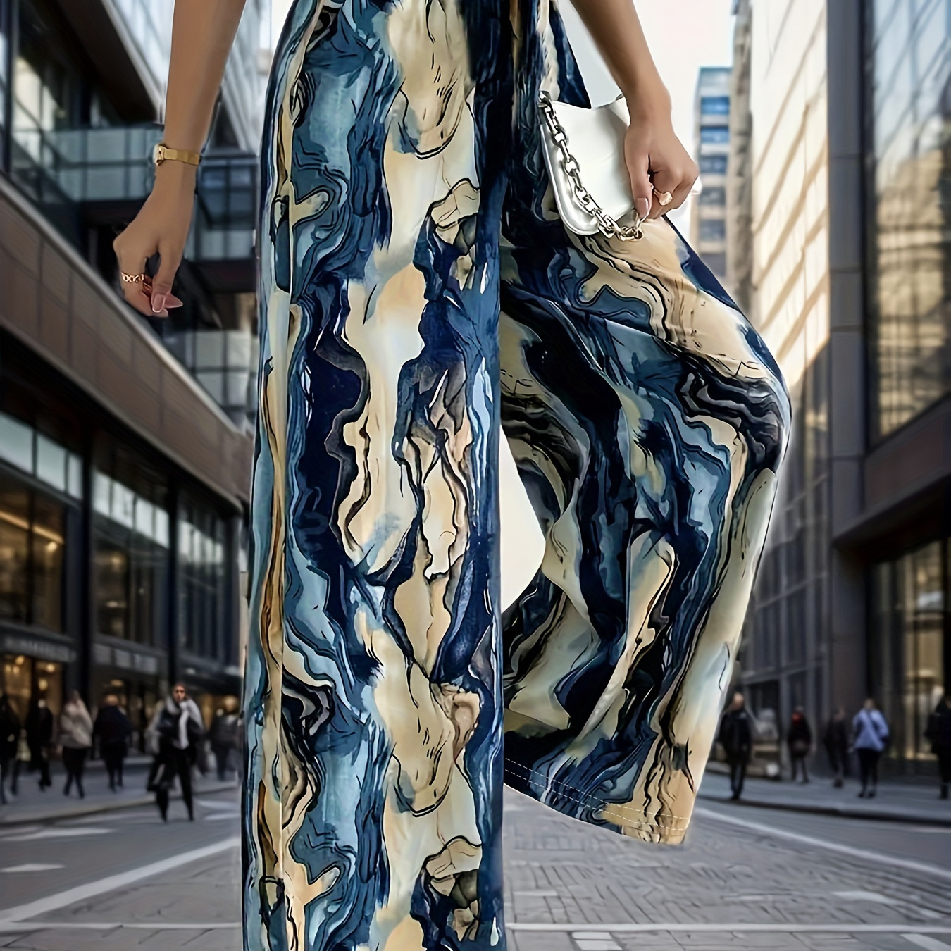 

Elegant Marble Print Plus Size Wide-leg Pants For Women - High Waist, Stretchy Polyester , Machine Washable