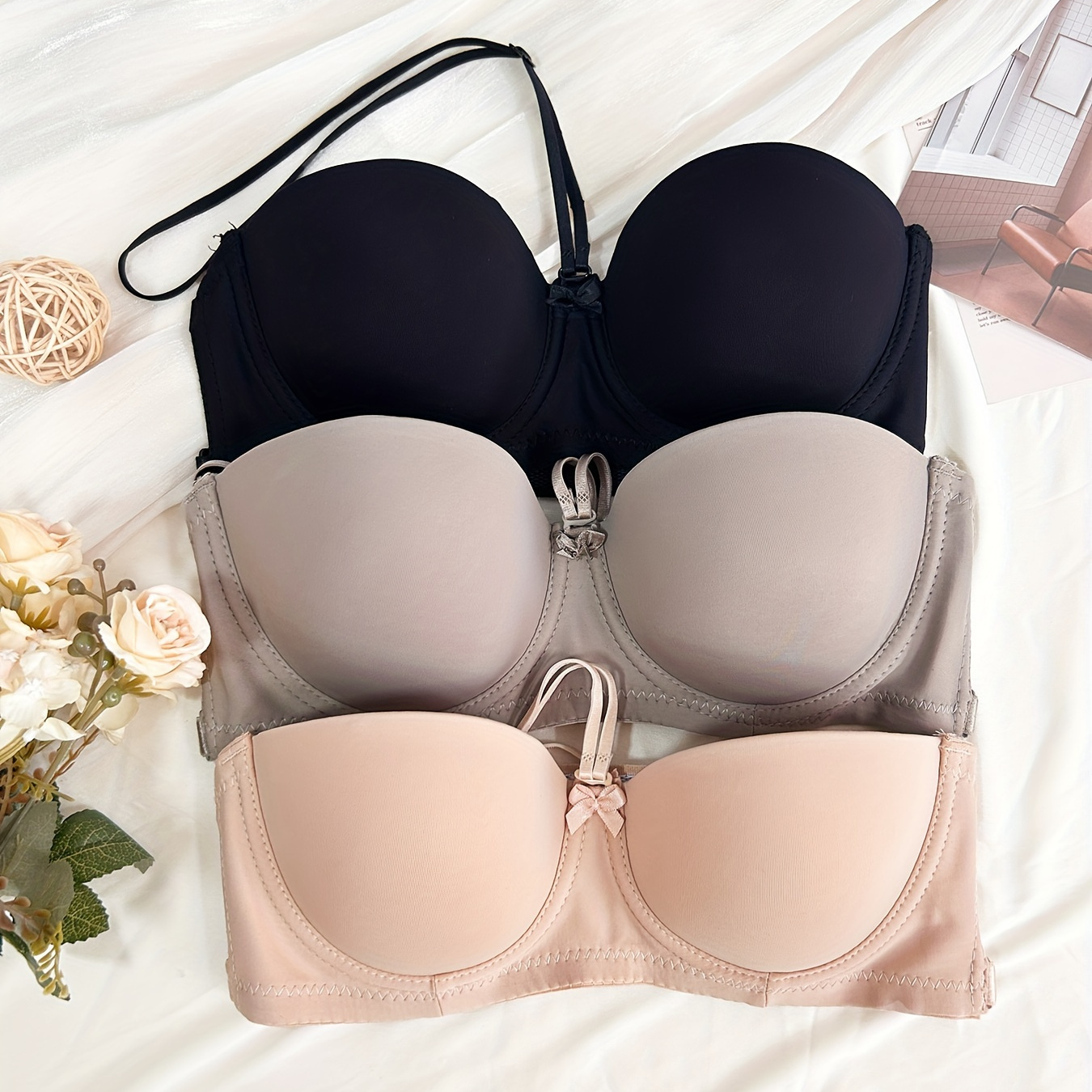 

Ensemble de 3 soutiens-gorge couture, confortables et respirants avec nœud papillon push-up, lingerie et sous-vêtements pour femmes