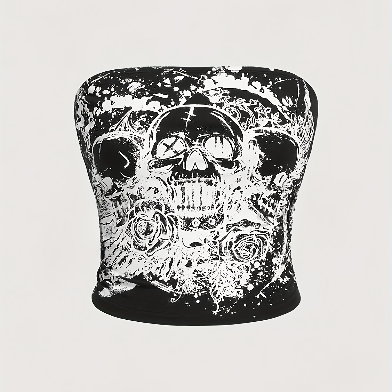 

Skull Print Slim Tube Top, Y2k Strapless Tube Top For Summer, Women's Clothing