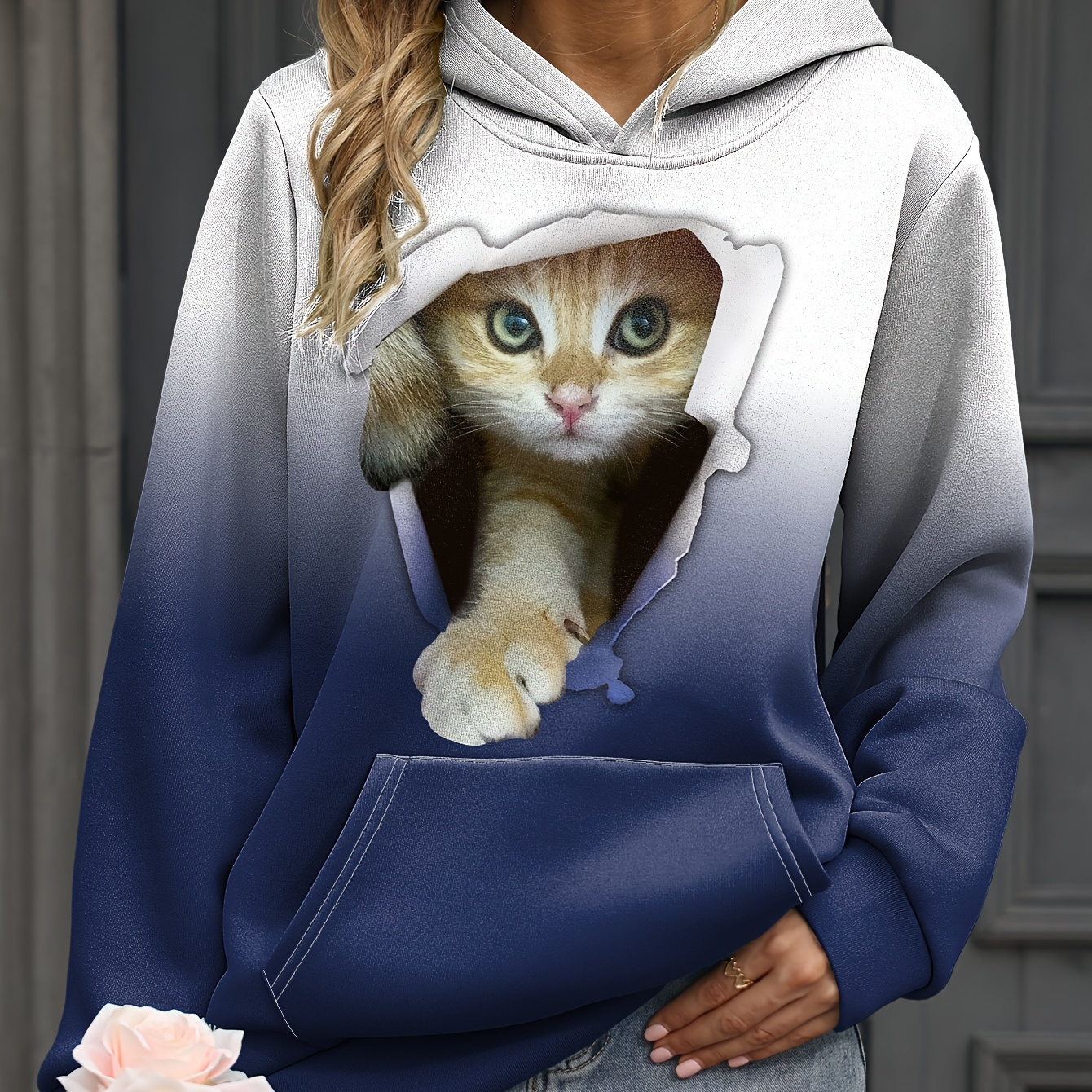 

Cute Cat Print Gradient Hoodies, Casual Kangaroo Pocket Long Sleeve Sweatshirt, Women's Clothing