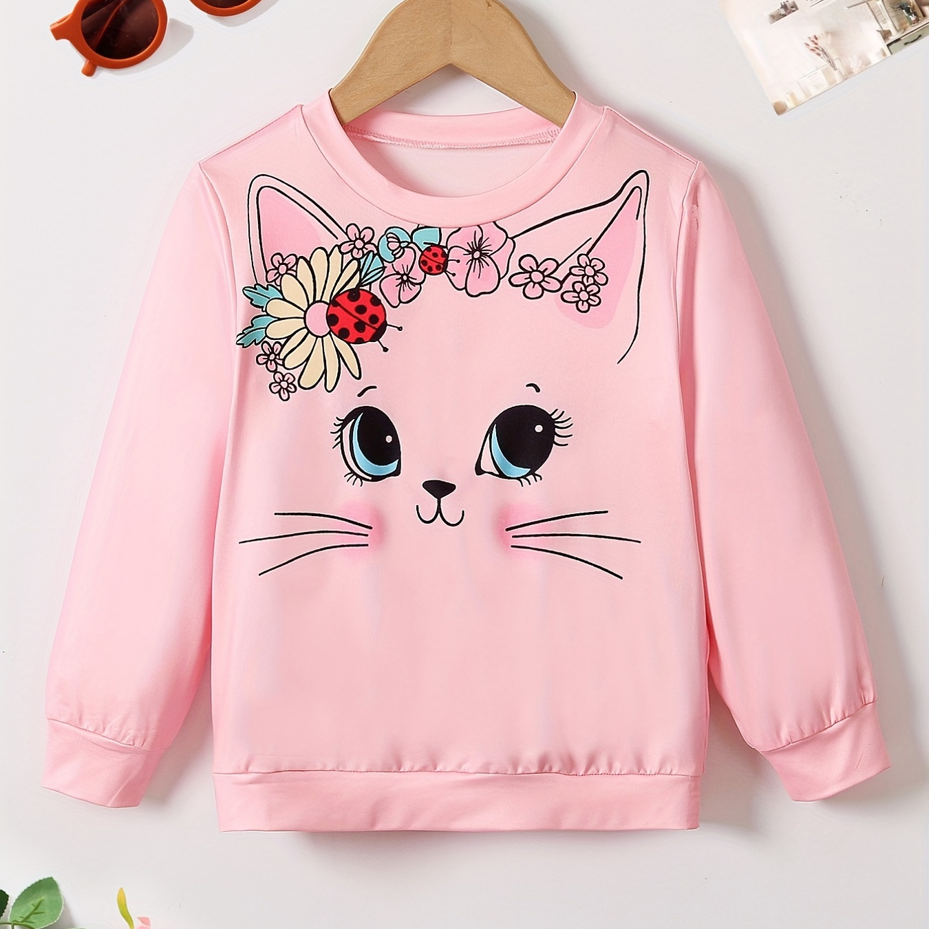 

Cute Cat Print Girls Sweatshirt For Spring & Fall, Girls Lightweight Clothes