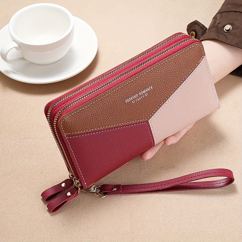 

Women's Large Colorblock Clutch Bag, Zipper Coin Purse, Casual Portable Wallet With Wristband
