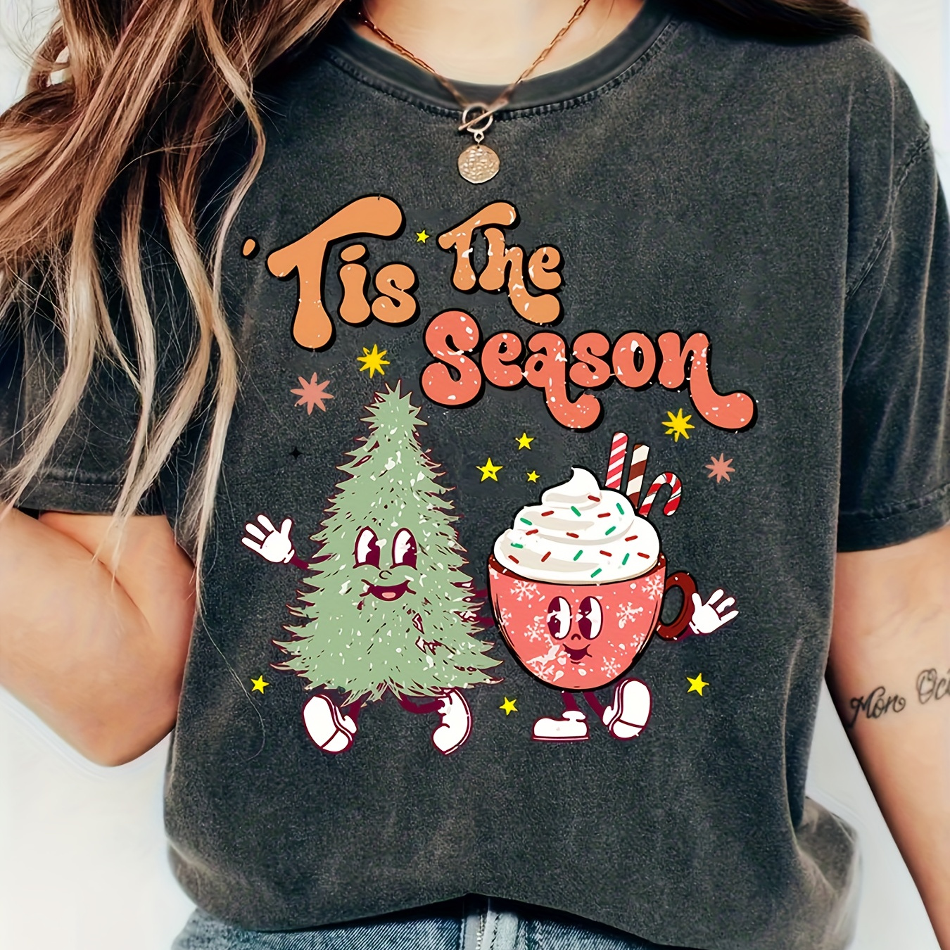 

1pc Women's Christmas T-shirt, Casual Crew Neck Short Sleeve, Festive Holiday Graphic Tee, Rayon/viscose Knit Fabric, Comfort