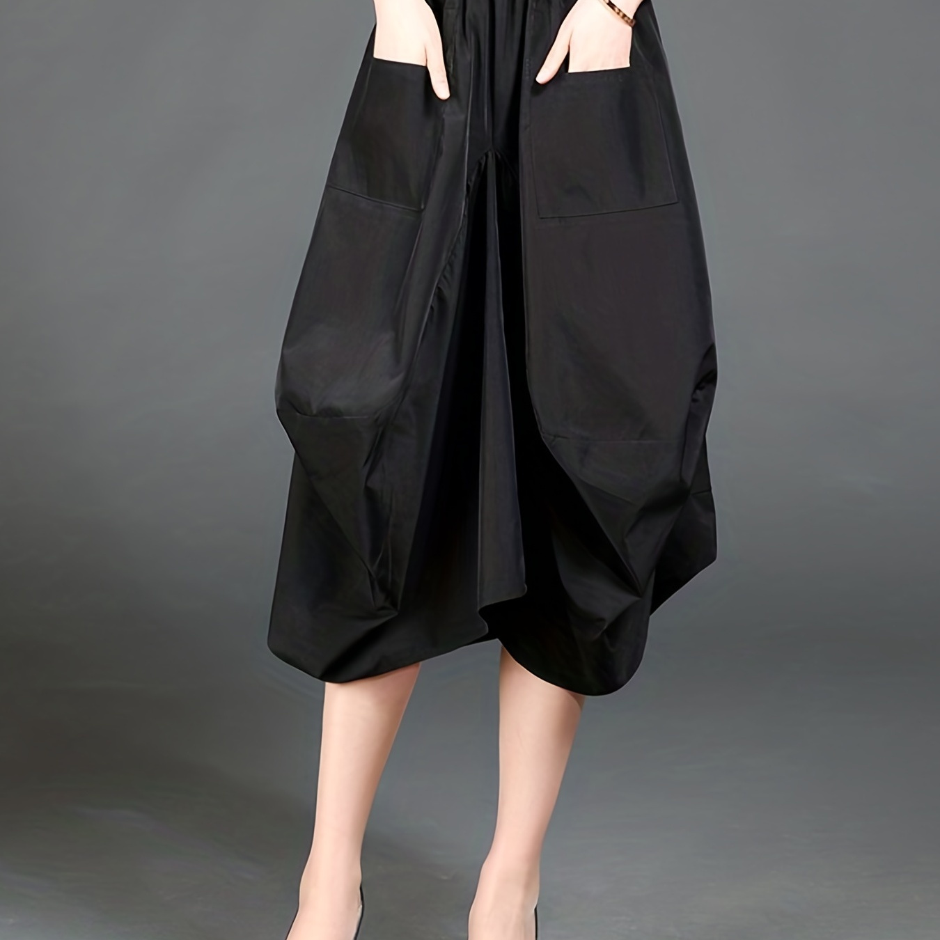 

Pocket Front Puff Skirts, Casual Solid Elastic Waist Midi Skirts, Women's Clothing