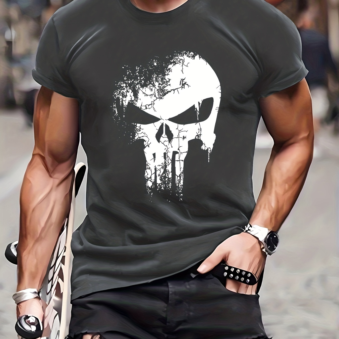 Halloween Skull Pattern T-shirt, Men's Casual Street Style Stretch Round Neck Tee Shirt For Summer