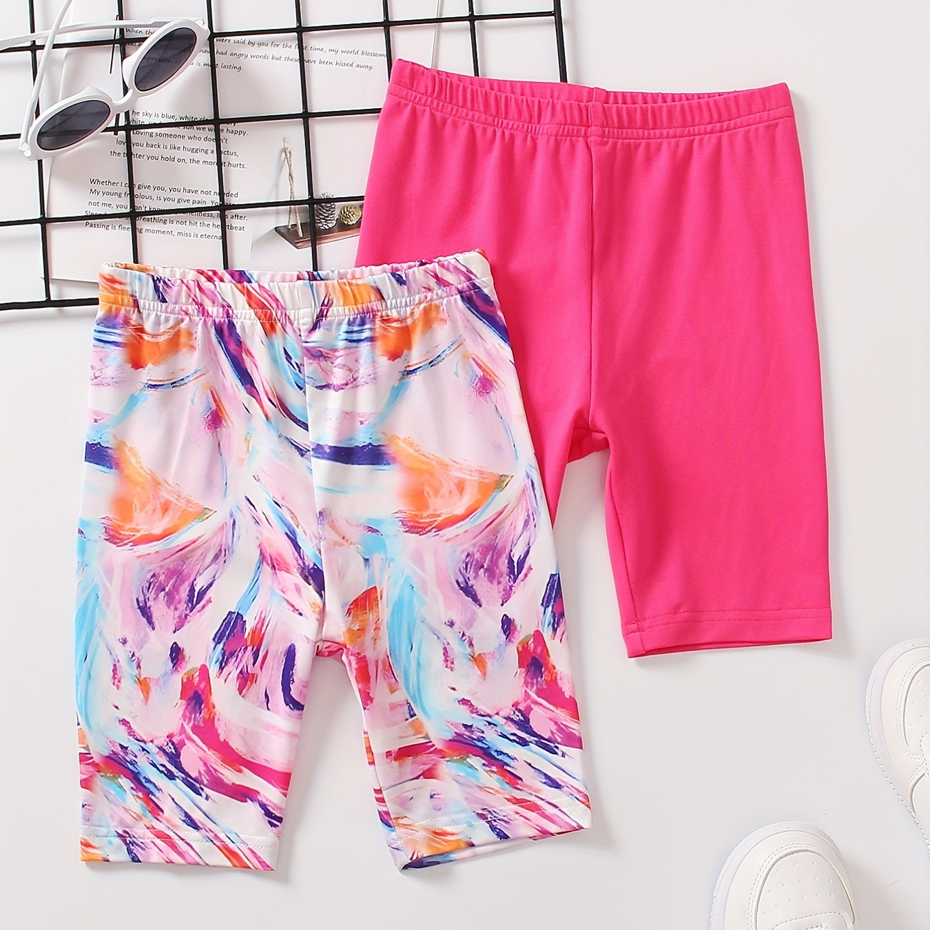 

2pcs Girls Bike Shorts Multicolored And Plain Color Shorts Set, Comfy Fit Breathable Dance Shorts For Kids