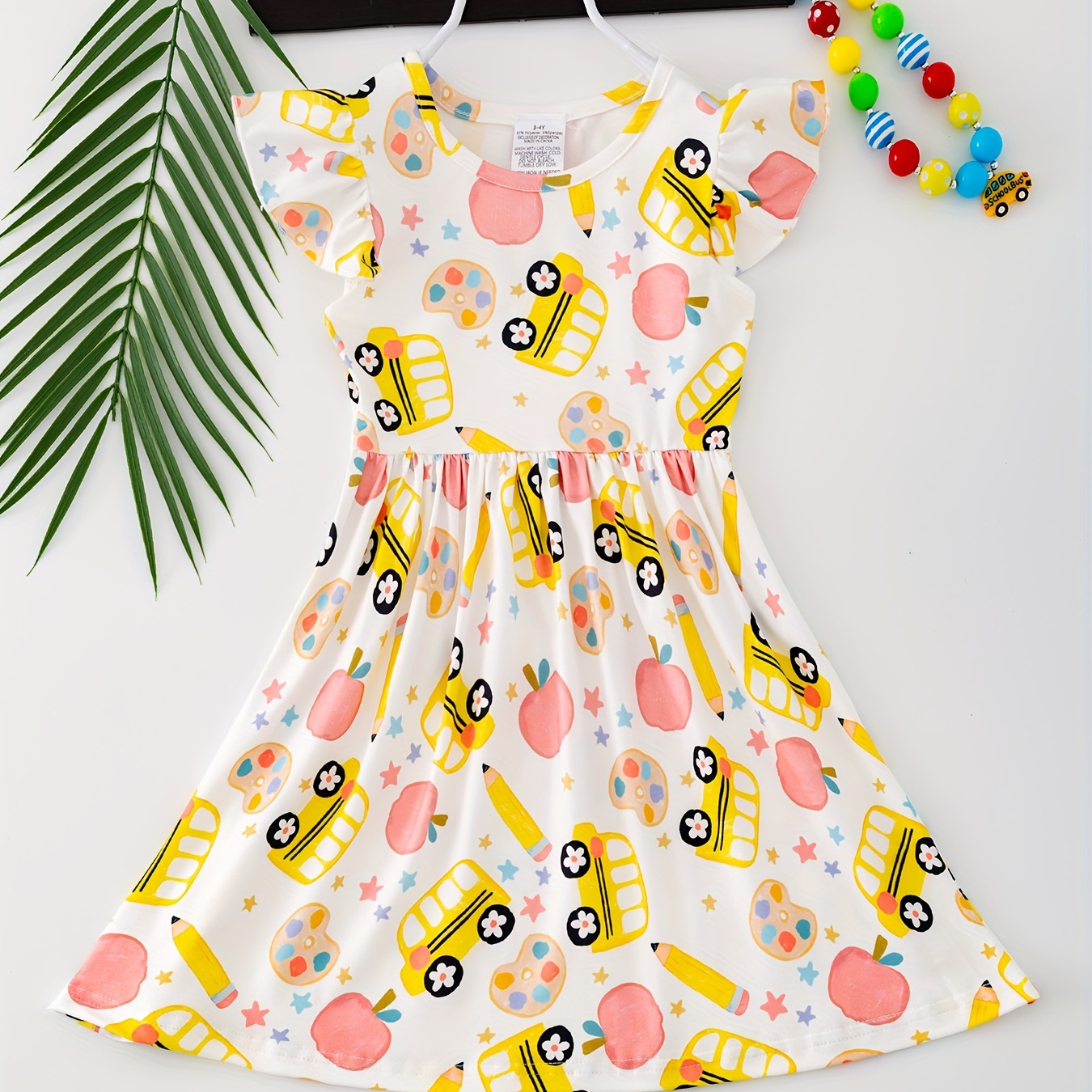 

School Bus & Fruit Print Ruffle Sleeve Dress Girls Casual Vacation Dresses Summer Gift