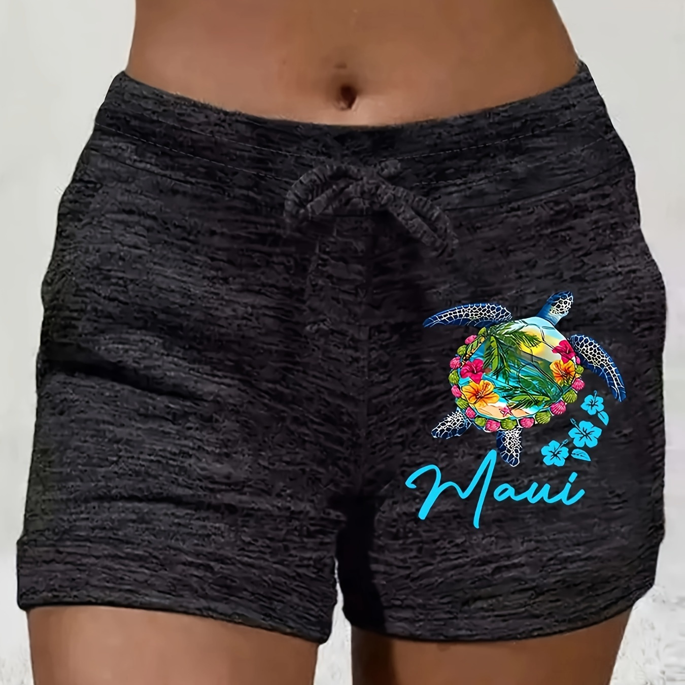 

Turtle & Mama Print Shorts, Casual Drawstring Waist Shorts For Spring & Summer, Women's Clothing