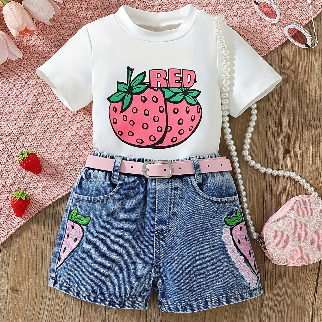 

Baby's Cartoon Strawberry Embroidered 2pcs Casual Summer Outfit, T-shirt & Belt & Denim Shorts Set, Toddler & Infant Girl's Clothes For Daily/holiday, As Gift