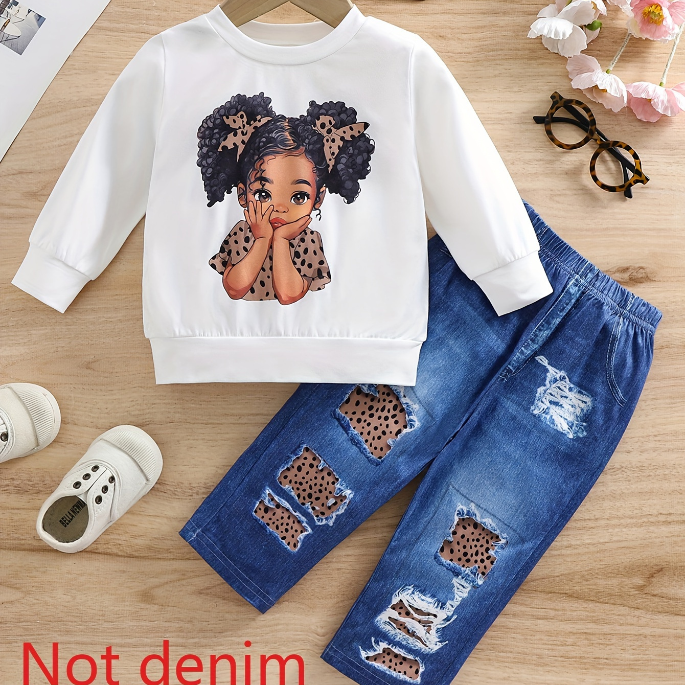 

2pcs 's Girl Sweatshirt & Imitation Pattern Pants, Toddler & Infant Girl's Set For ,