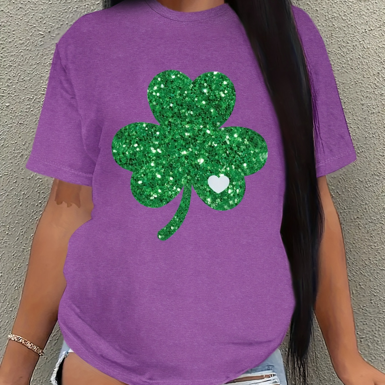 

Plus Size St. Patrick's Day Clover Print T-shirt, Casual Crew Neck Short Sleeve Top For Spring & Summer, Women's Plus Size Clothing