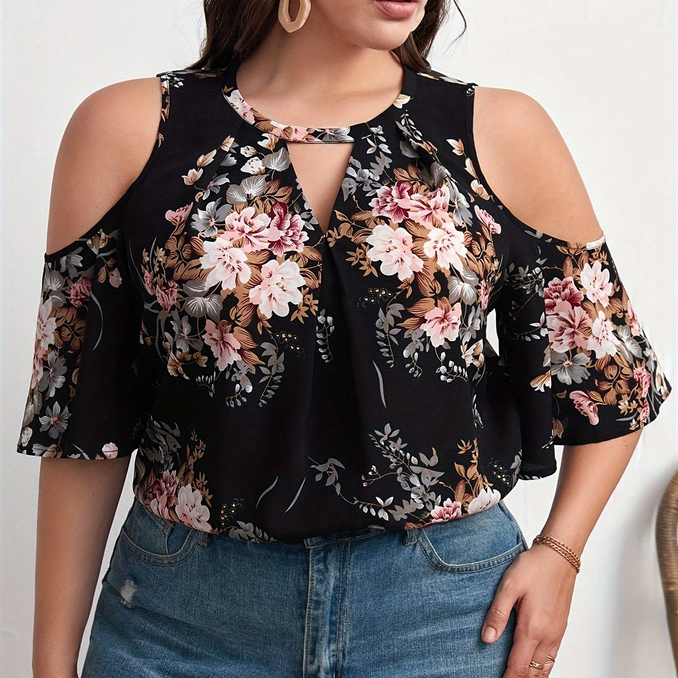 

Plus Size Floral Print Keyhole Neck Blouse, Elegant Cold Shoulder Blouse For Spring & Summer, Women's Plus Size Clothing