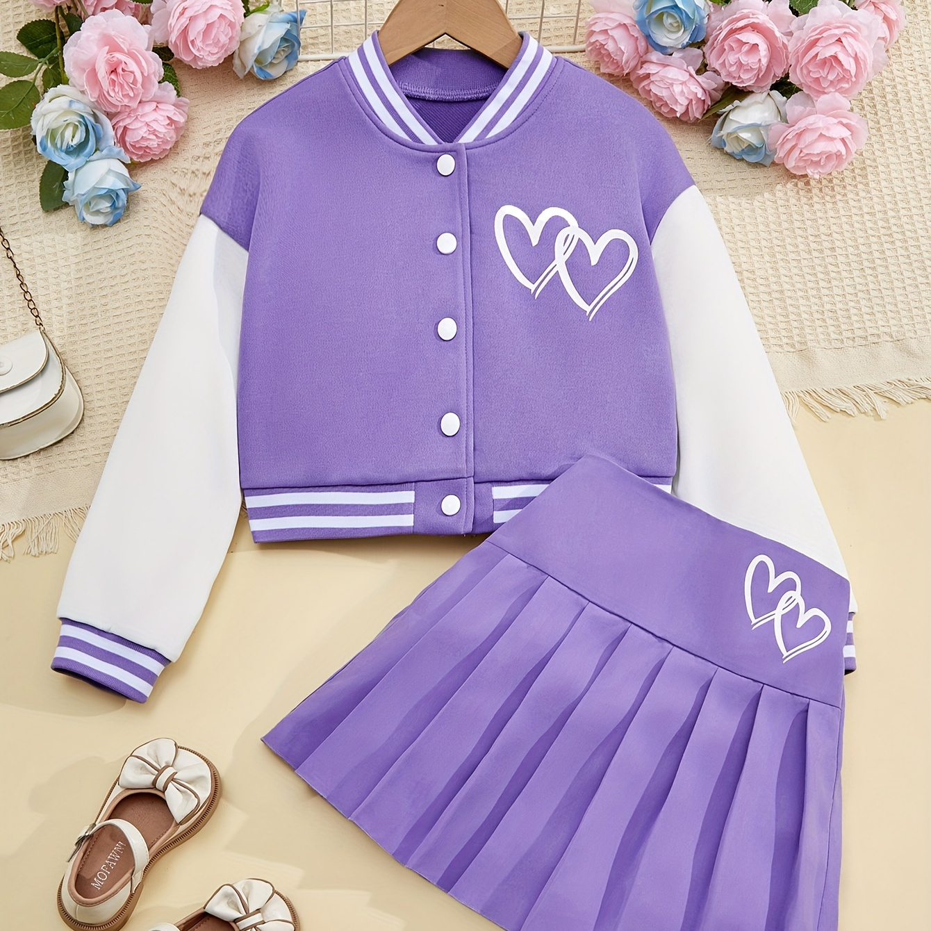 TEMU Trendy Girl 2pcs, Heart Print Varsity Top + Pleated Skirt Set - Spring/fall Clothes, Casual Wear, Party, Gift