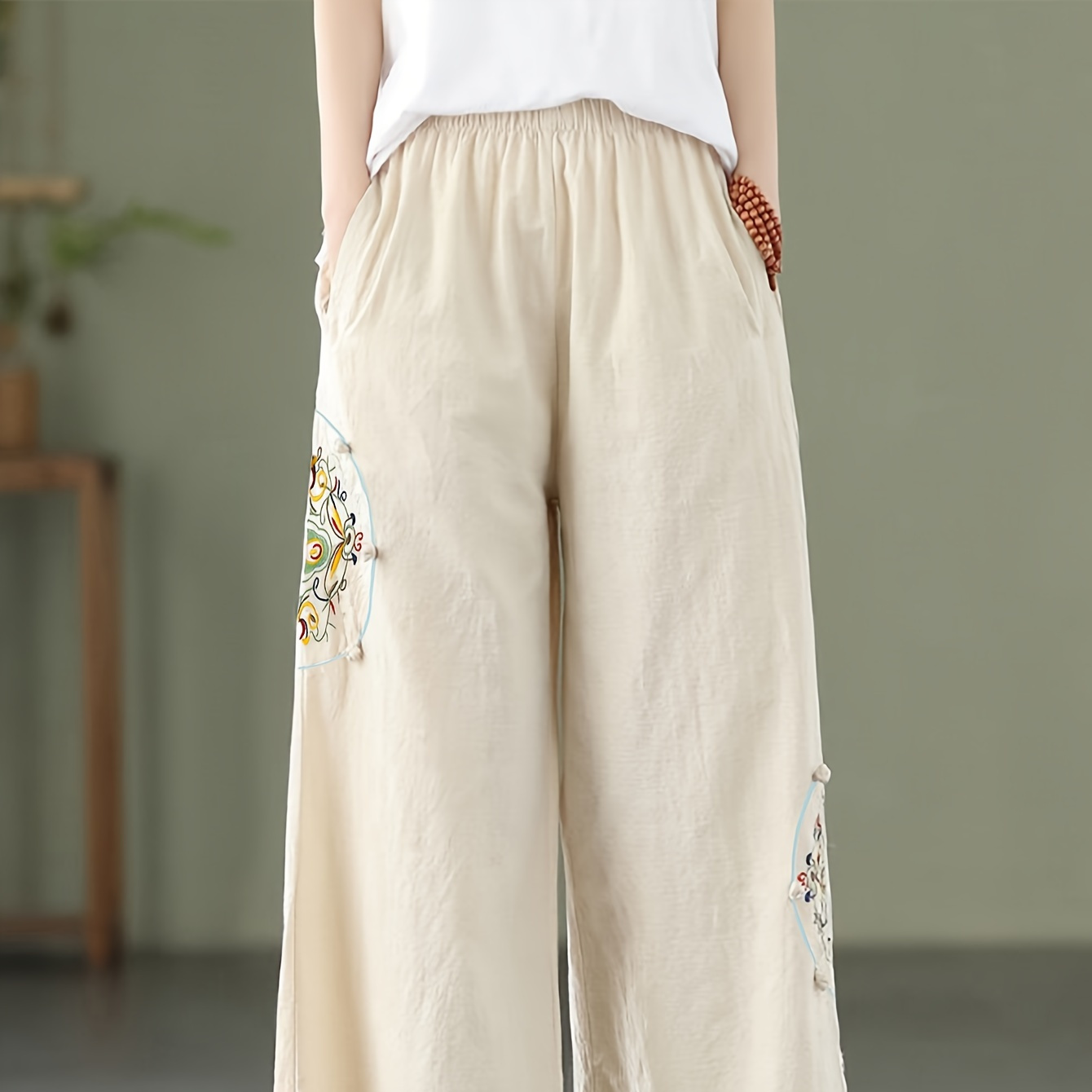 

Pantalon large brodé de fleurs, pantalon décontracté à taille élastique avec poches obliques, vêtements pour femmes