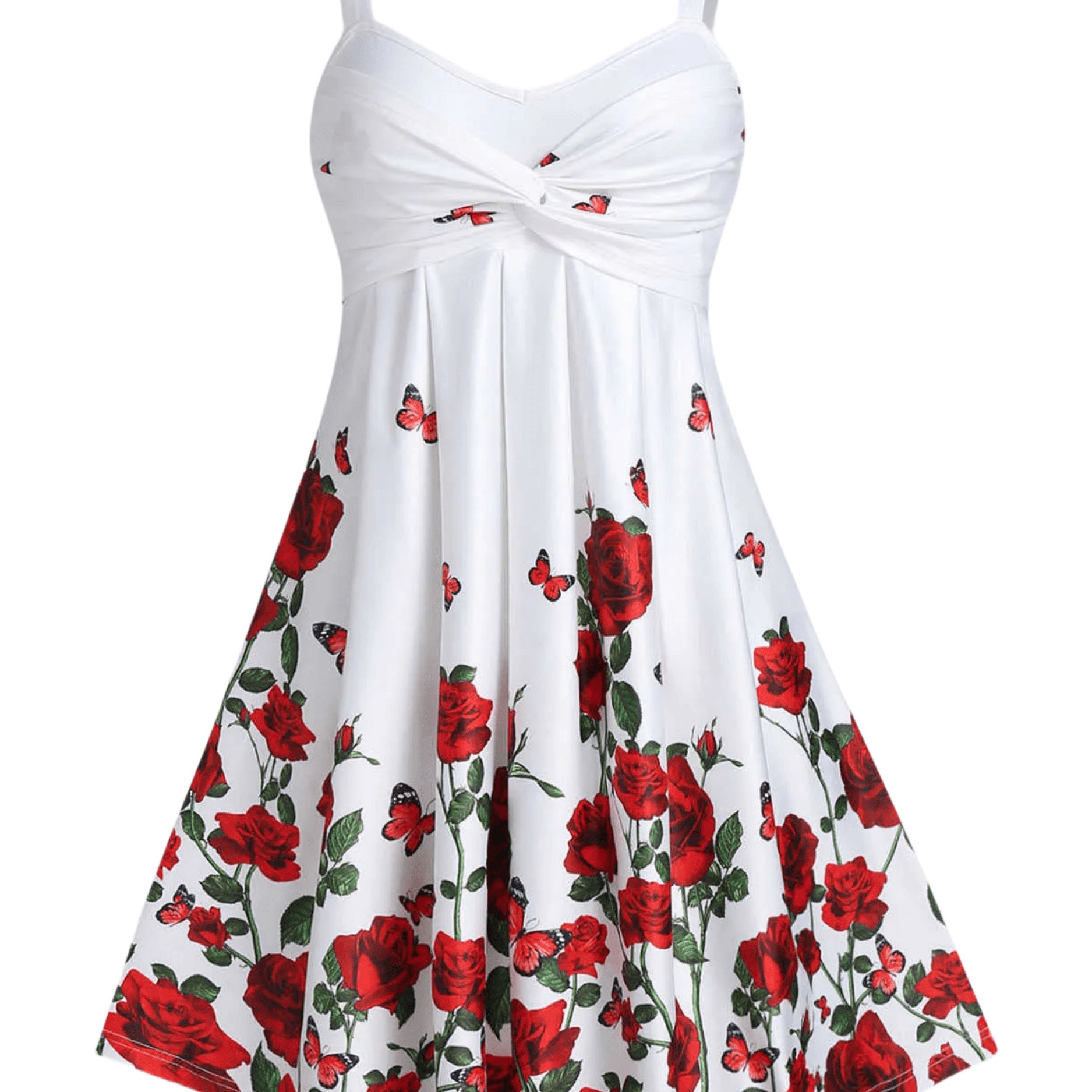 

Rose Print Ruched Cami Dress, Elegant Sleeveless Spaghetti Strap Dress For Spring & Summer, Women's Clothing