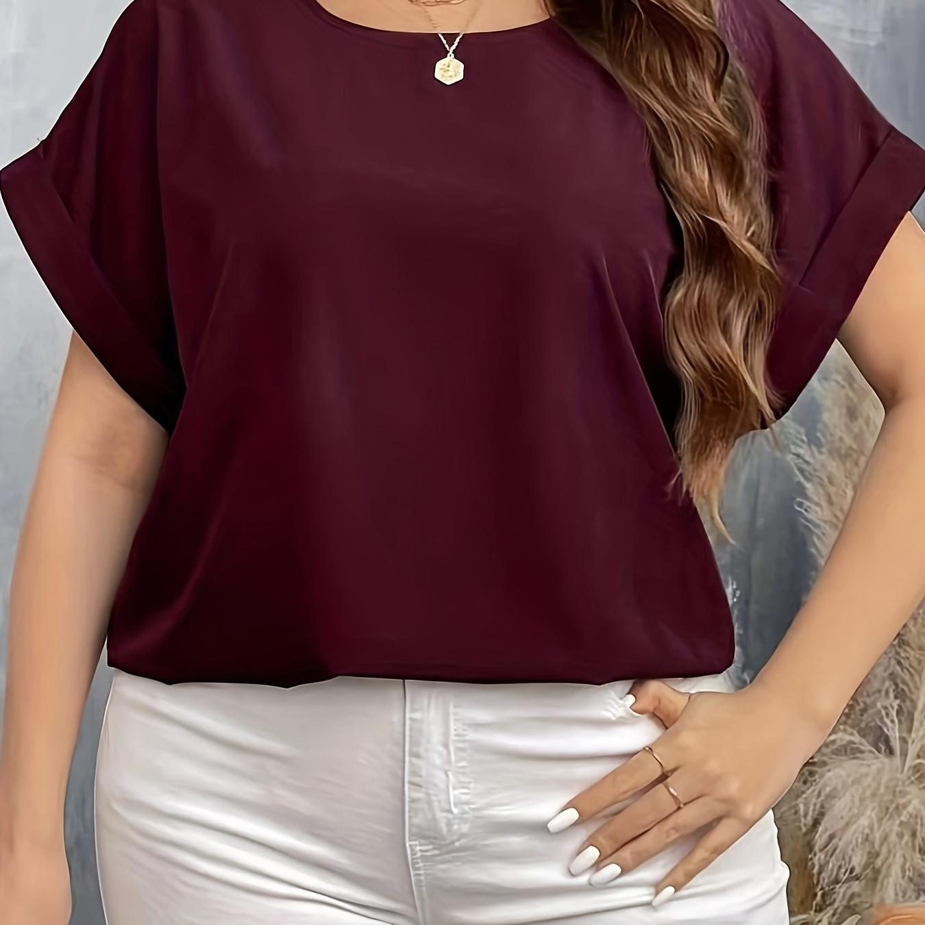 

Size Burgundy Blouse - Casual Round Neck, Short Sleeve With Button Detail, Machine Washable