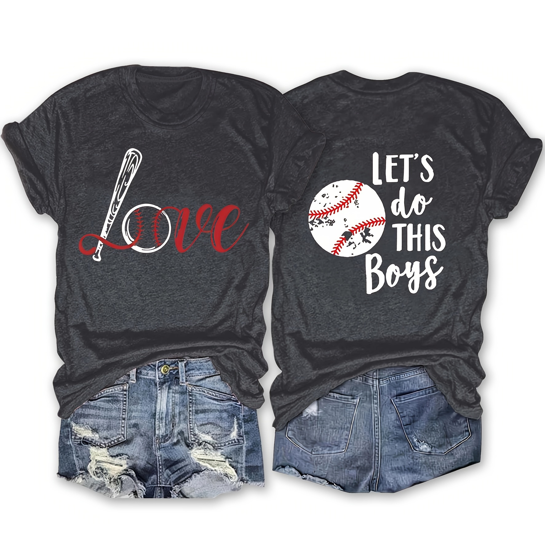 

Love & Baseball Print Crew Neck T-shirt, Casual Short Sleeve Top For Spring & Summer, Women's Clothing