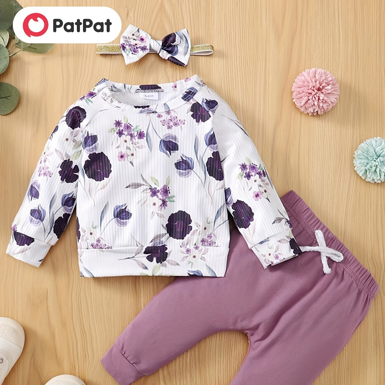 

Patpat 3pcs Baby Girl Cotton Pants And Allover Floral Print Rib Knit Long-sleeved Pullover With Headband Set