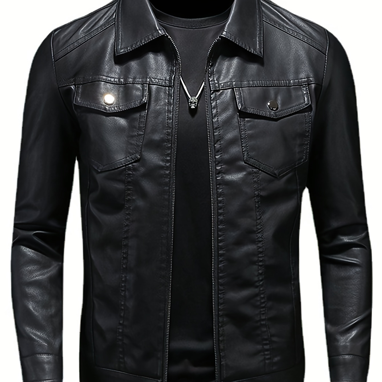 

Men' Leather Jacket With Pockets - Classic Biker Style, Long Sleeve, Zip-up Collar, Polyester