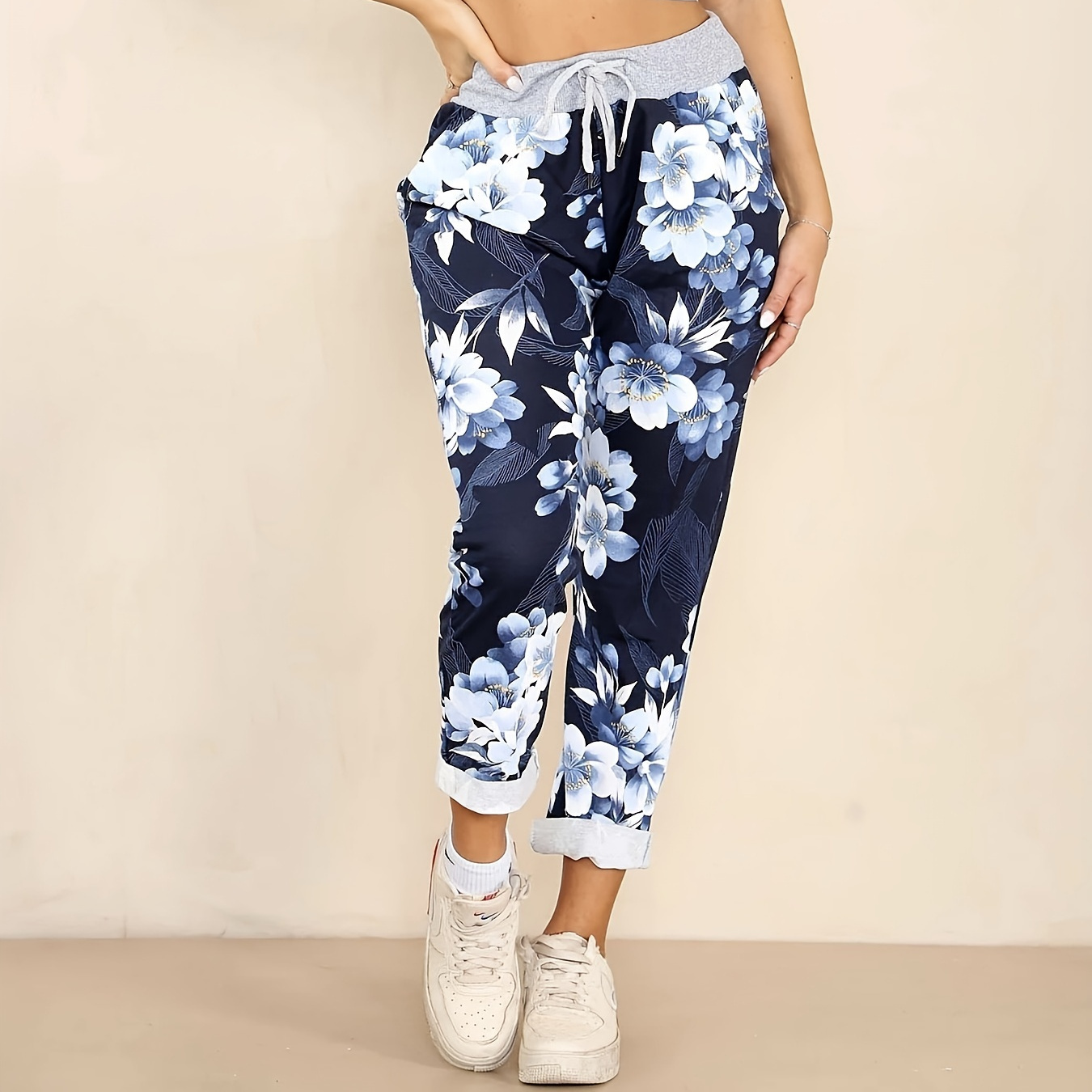 

Floral Print Drawstring Waist Pants, Casual Pocket Tapered Pants For Spring & Fall, Women's Clothing