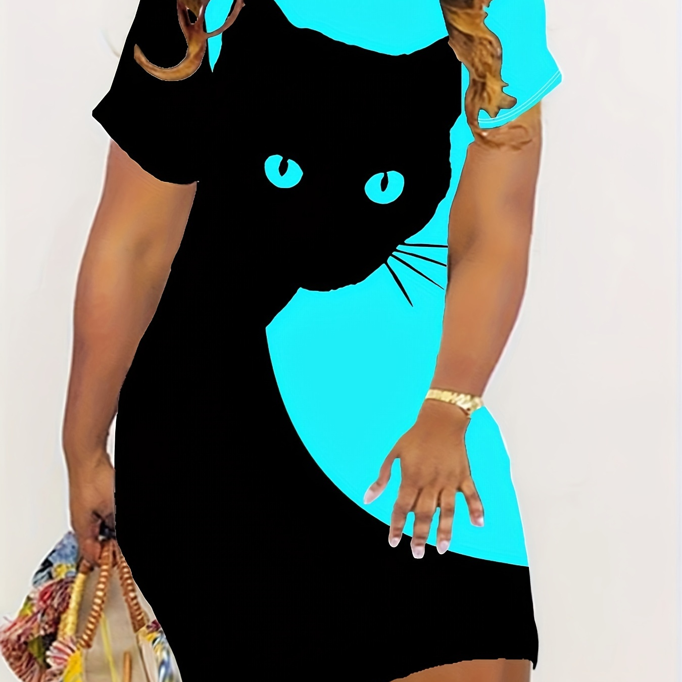 

Plus Size Cartoon Cat Print Dress, Casual Short Sleeve Crew Neck Dress For Spring & Summer, Women's Plus Size clothing