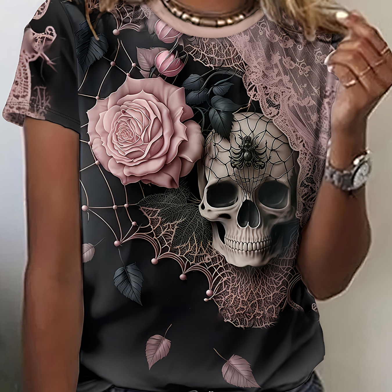 

T-shirt à imprimé tête de mort et rose pour , T-shirt décontracté à col rond et manches courtes pour le printemps et l'été, vêtements pour femmes