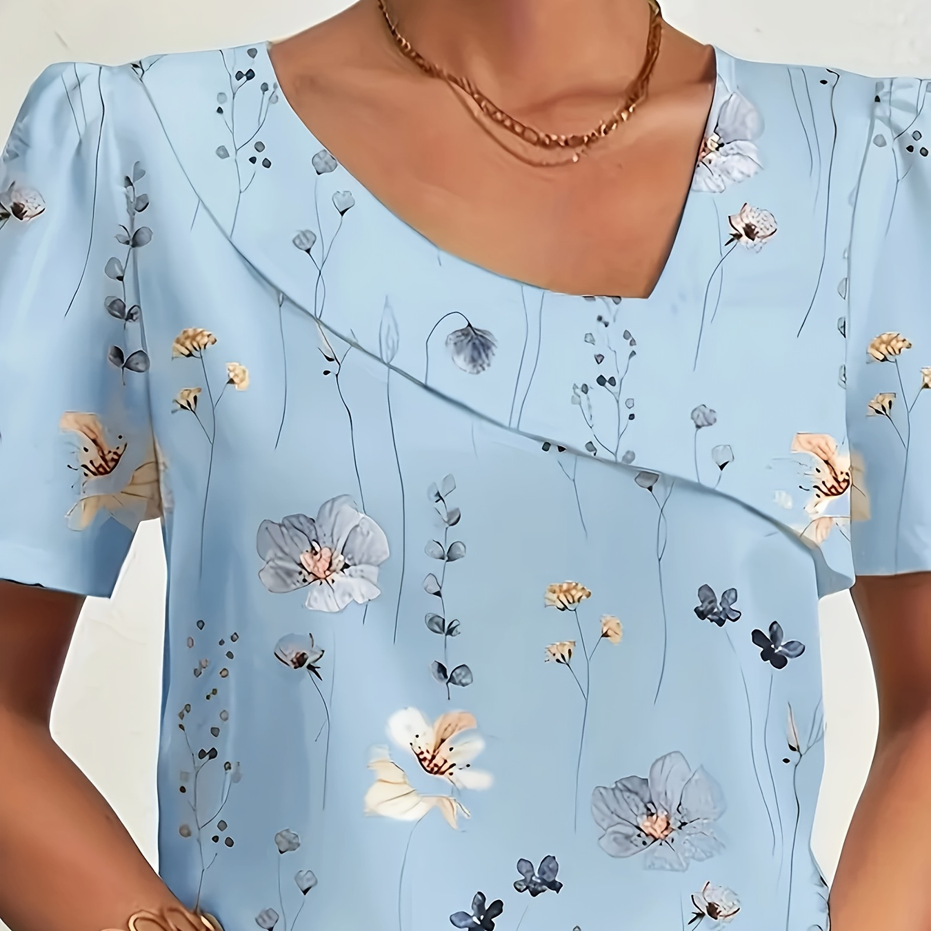 

Floral Print V Neck Blouse, Elegant Short Sleeve Asymmetrical Hem Top For , Women's Clothing