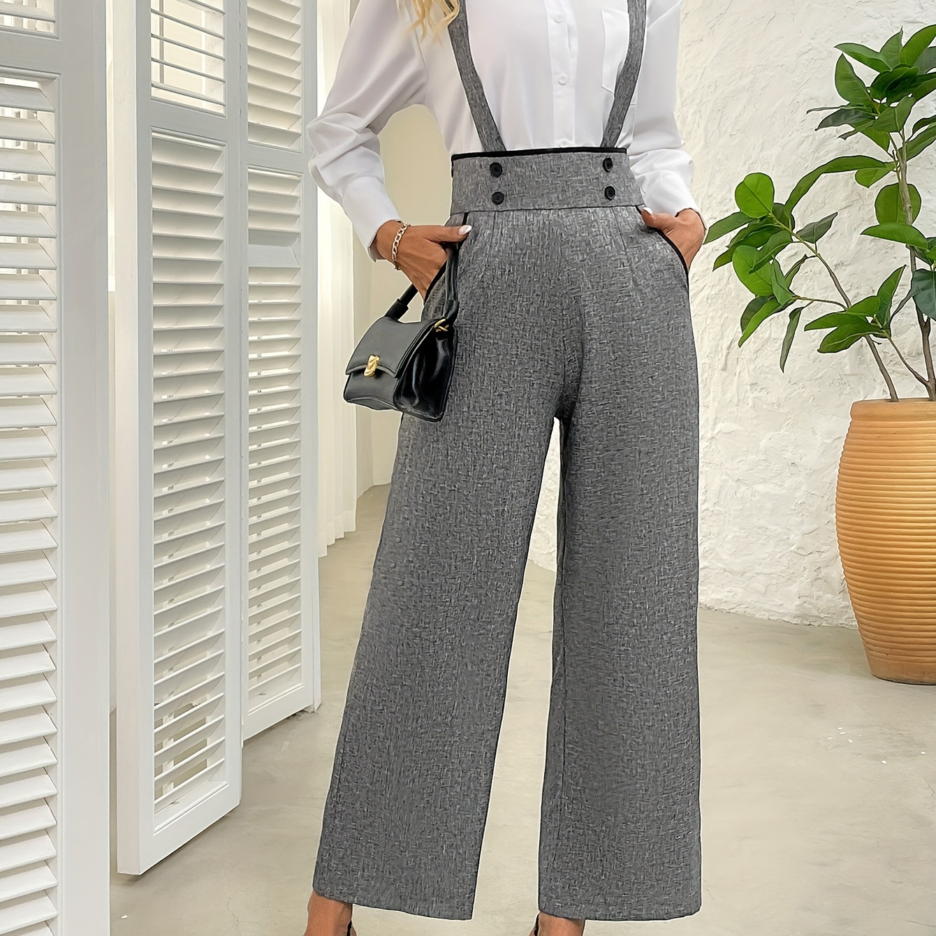 

1pc Vintage-inspired Elegant Women's Wide-leg Trousers With Double-breasted Button Detail And Suspender Straps, Polyester Solid Color Summer Pants, Country Concert Outfit,