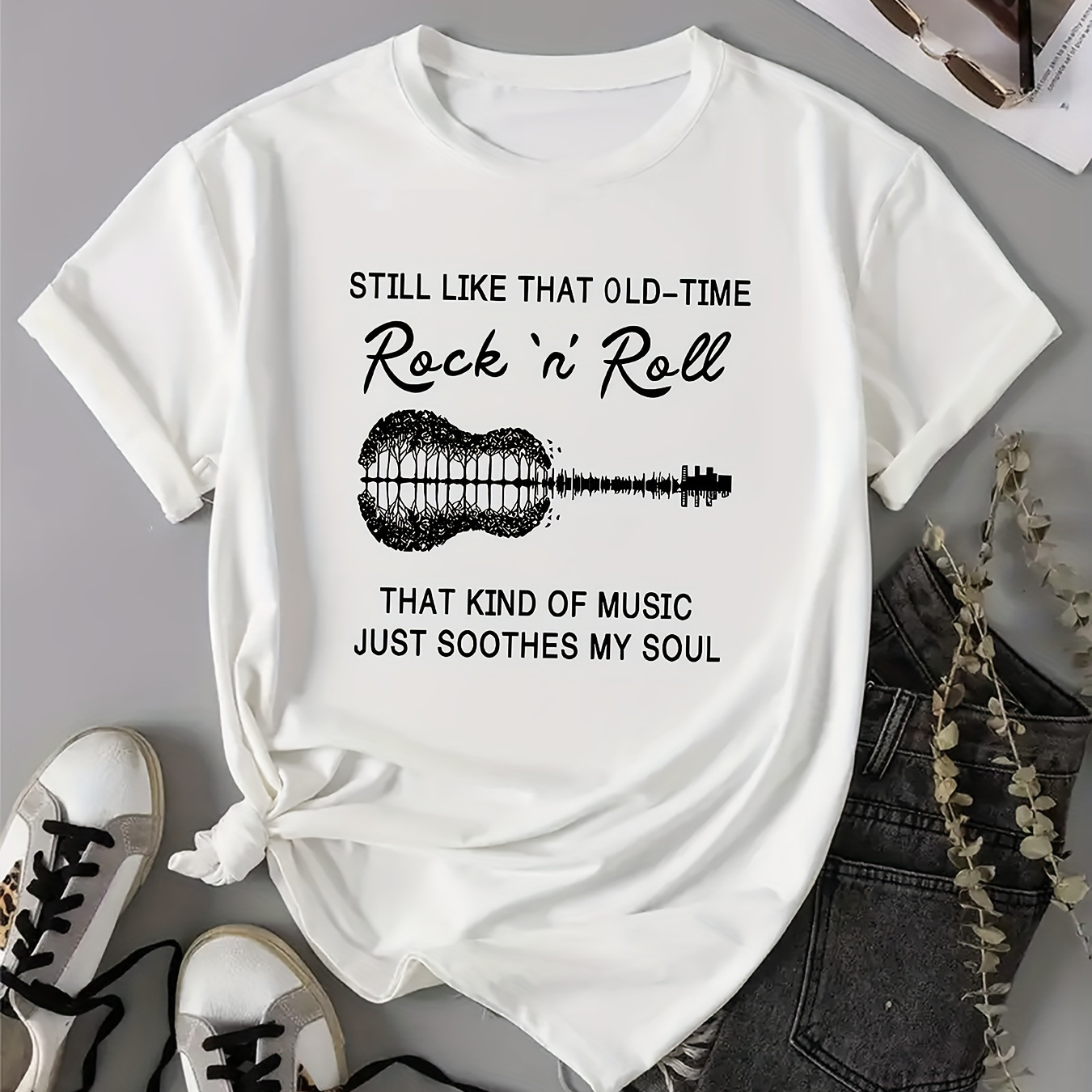 

Women's Casual Letter Guitar Rock 'n' Roll Print Round Neck Short Sleeve T-shirt, Comfortable Tee, Classic Fit,