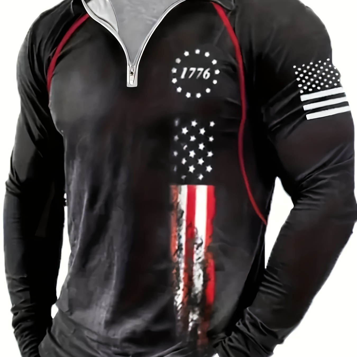 

European And American Men's Fashion Polo Shirt, Long-sleeved Casual Zipper, Personalized Lapels Independence Day Print Spring And Autumn Style