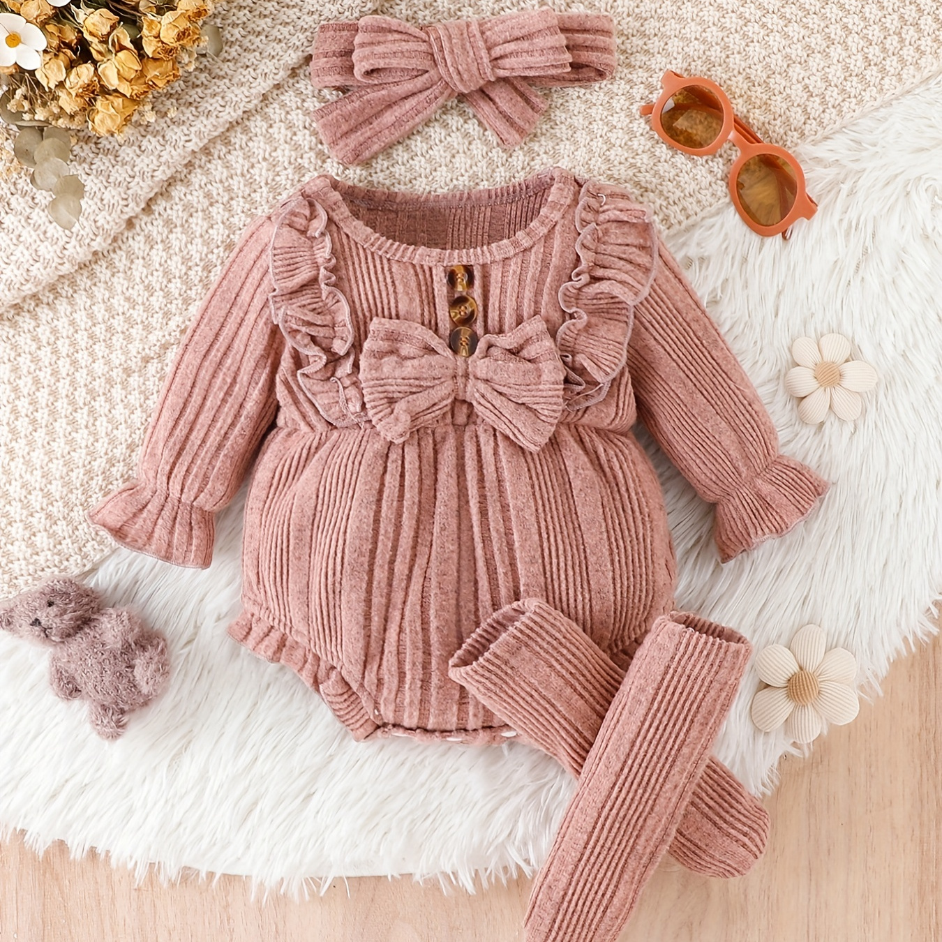 

3pcs Baby Girl Ruffled Lace Bow Onesie & Headband & Socks Set Fall Winter Warm Outwear Pregnant Mom's Gift