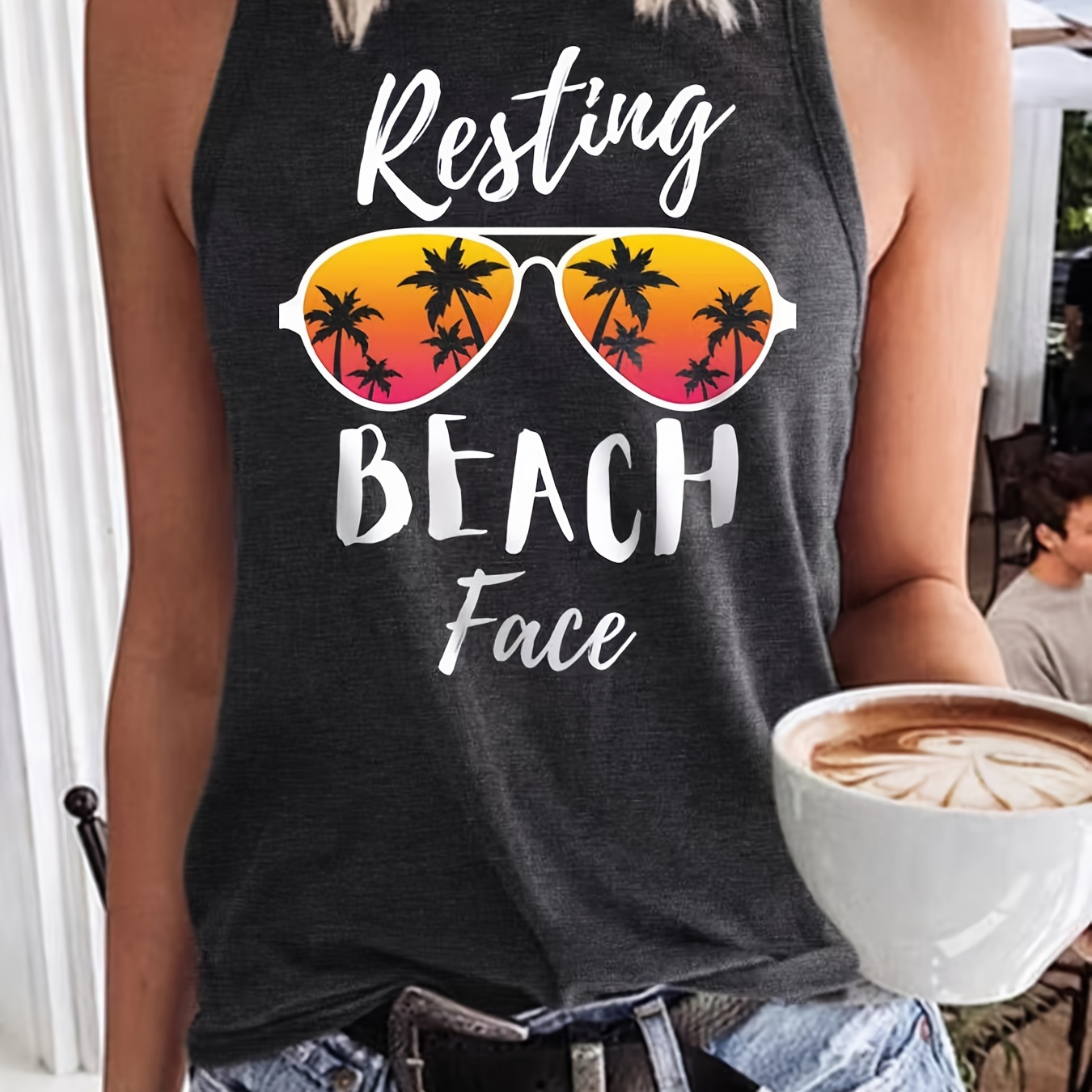 

Coconut Tree & Letter Print Round Neck Tank Top, Casual Loose Fashion Sleeveless Vest Tank Top, Women's Clothing