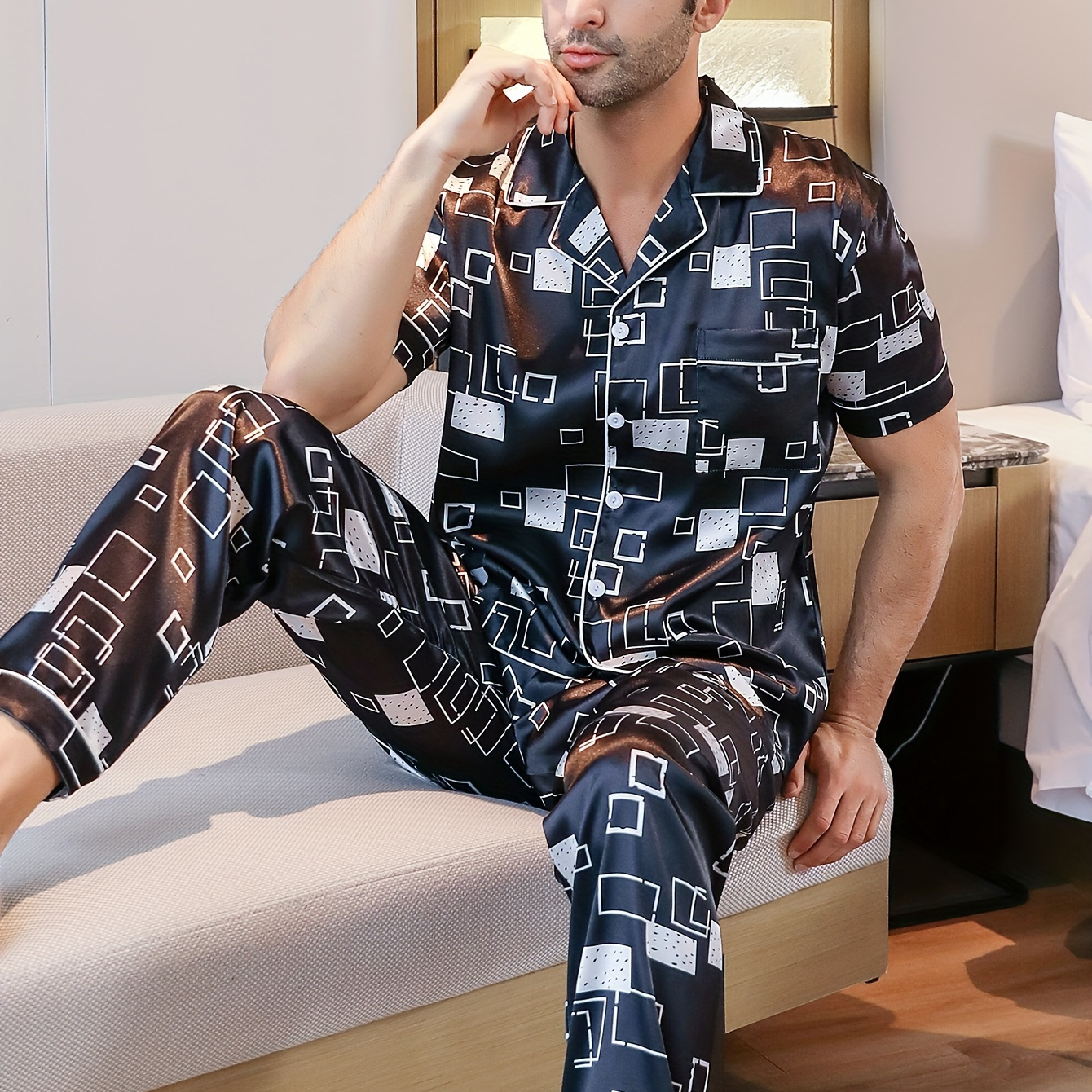 

2pcs Men's Casual Geometric Pattern Thin Pajamas Sets, Short Sleeve Lapel Neck Shirt & Elastic Waist Loose Pants Lounge Wear, Home Indoor Sets For Summer