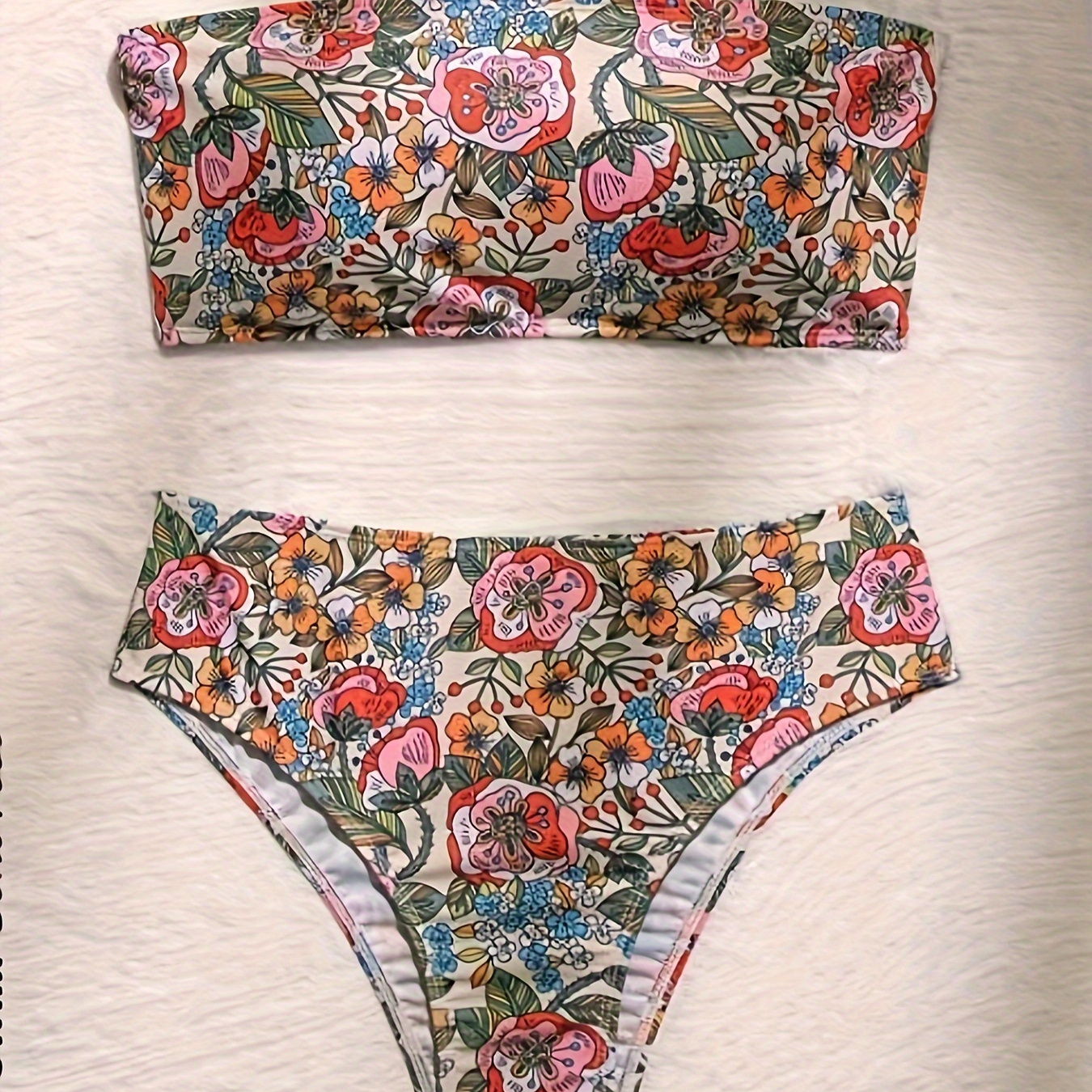 

Floral Pattern 2 Piece Set Bikini, Tube Top Lace Up Back High Cut Swimsuits, Women's Swimwear & Clothing