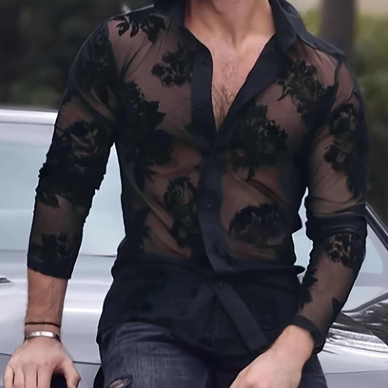 

Men's Floral Sheer Mesh Long Sleeve Shirt, Sexy Breathable Polyester Knit Fabric, Party Wear, H-fit With Lace Detail, Single Breasted Lapel Collar, Regular Hem - 120gsm